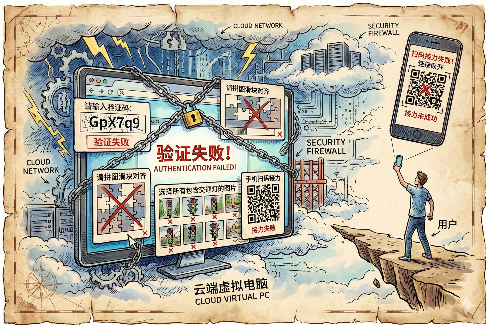 一台云端虚拟电脑被厚重的验证码、拼图滑块和真人校验拦在网站门外，远处用户举着手机扫码却无法顺利接力，屏幕上充满“验证失败”的细节，羊皮纸，钢笔彩色手绘的统一风格。