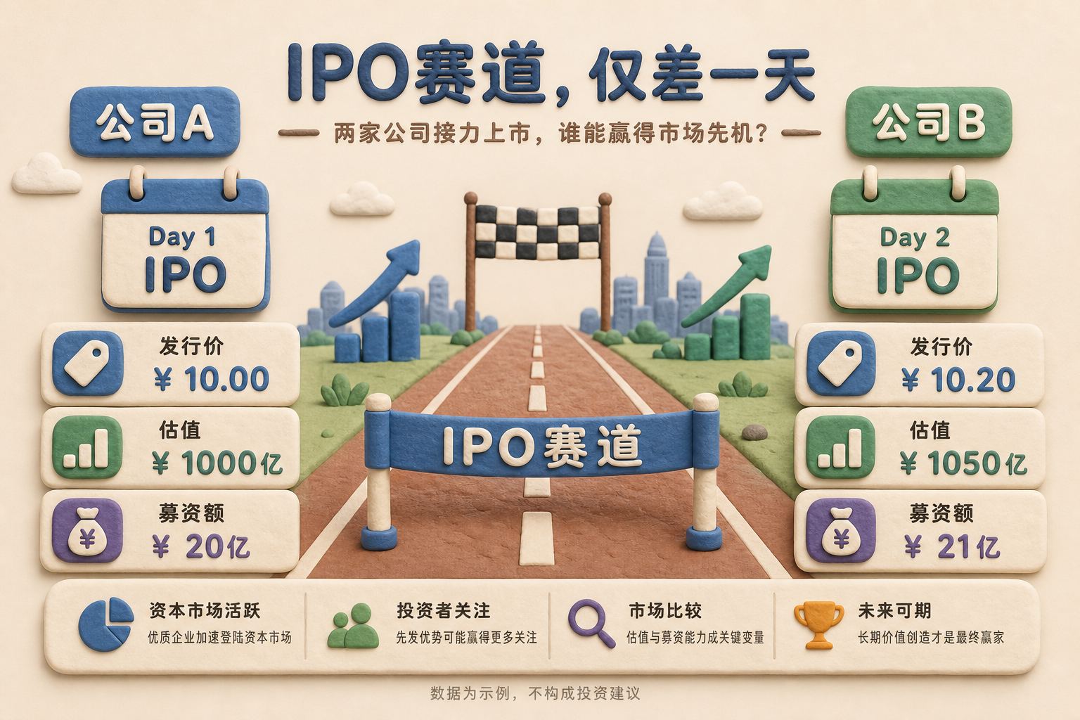 两家公司IPO时间轴相差一天，左右各有发行价、估值和募资额标签，中间用同一条跑道连接，浅色背景的商业评论版橡皮泥平面信息图的统一风格。