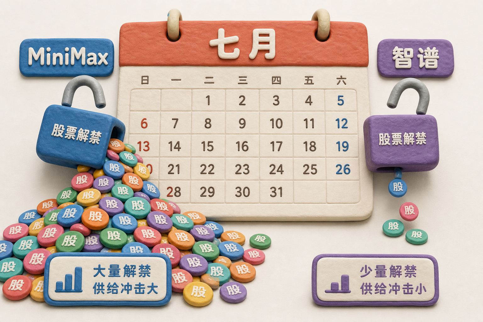 七月日历上两把股票锁被打开，MiniMax一侧涌出大量筹码，智谱一侧只流出少量筹码，形成供给冲击对比，浅色背景的商业评论版橡皮泥平面信息图的统一风格。
