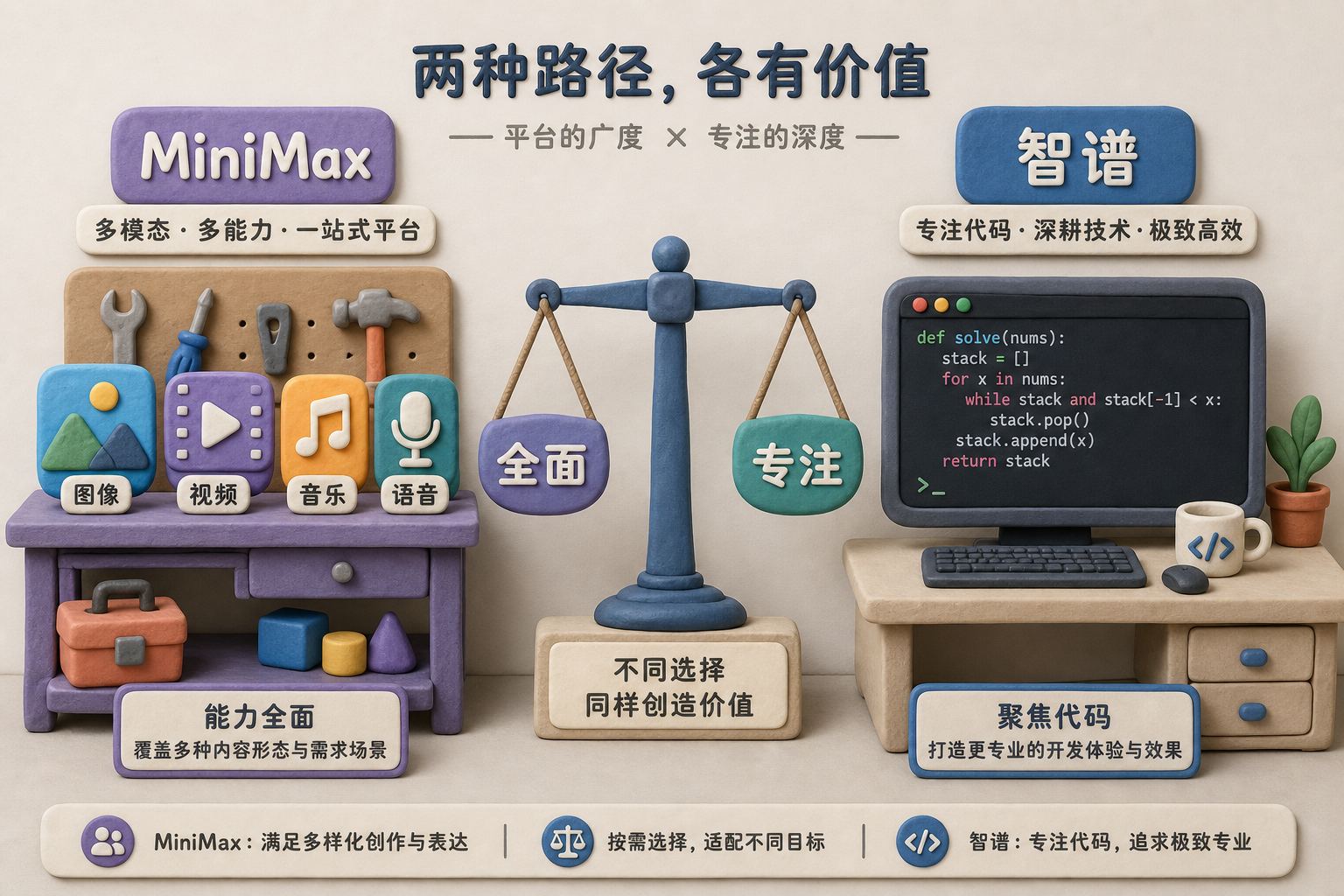 左侧MiniMax像多功能工具台摆着图片视频音乐语音图标，右侧智谱像聚焦的代码工作站只突出编程终端，中央用天平比较全面与专注，浅色背景的商业评论版橡皮泥平面信息图的统一风格。