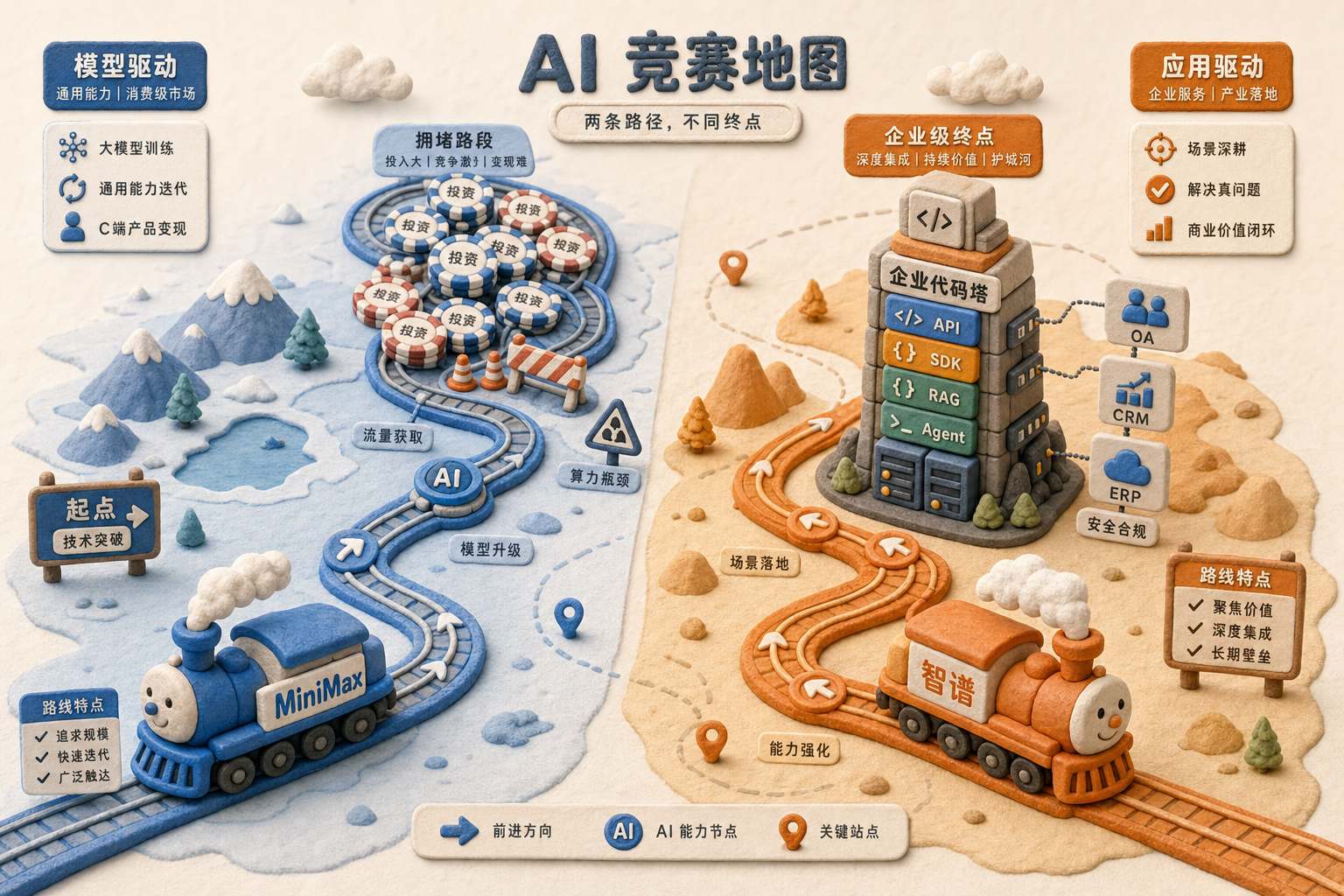 同一张AI赛道地图被分成冰蓝和暖橙两半，MiniMax列车驶向筹码拥堵区，智谱列车驶向企业代码塔，浅色背景的商业评论版橡皮泥平面信息图的统一风格。