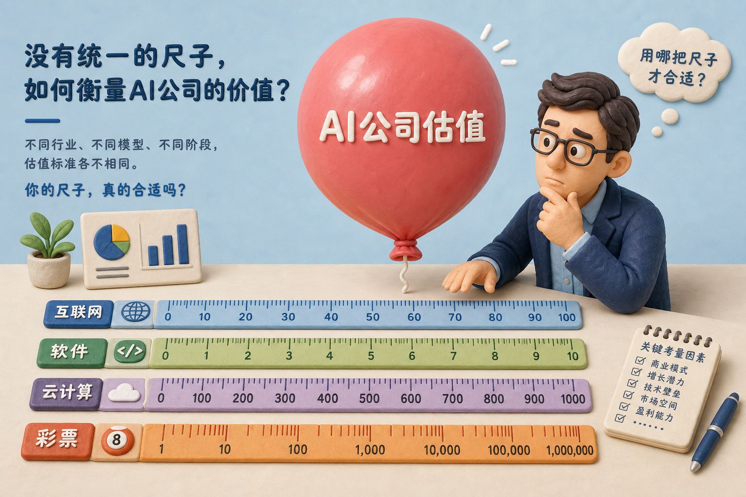 桌面上摆着互联网、软件、云计算和彩票四把不同刻度的尺子，分析师正犹豫用哪一把测量AI公司估值气球，浅色背景的商业评论版橡皮泥平面信息图的统一风格。