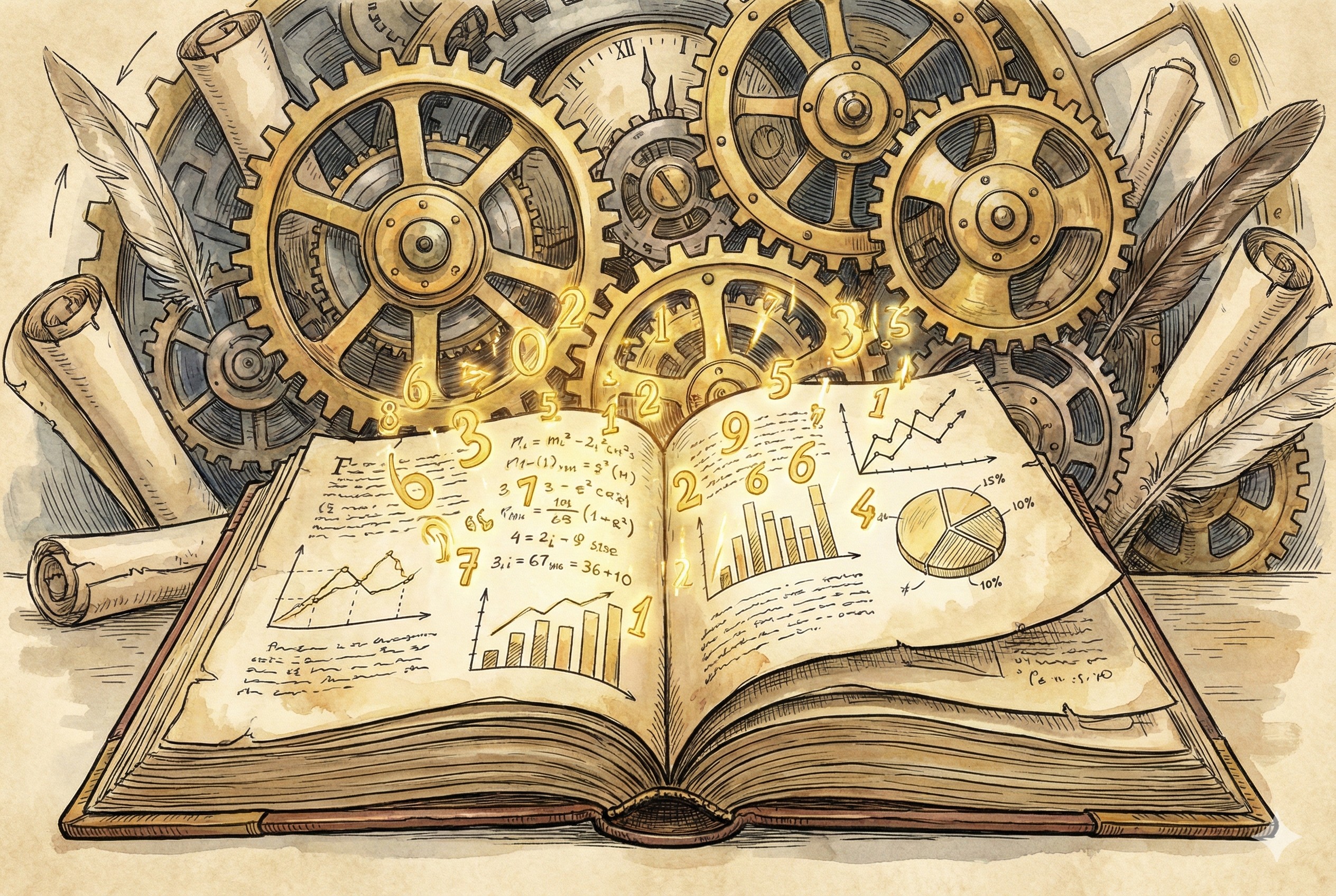 一本打开的厚重古书，书页中漂浮出大量金色的数字和统计图表，背景是不断旋转的机械齿轮，羊皮纸，钢笔彩色手绘的统一风格。