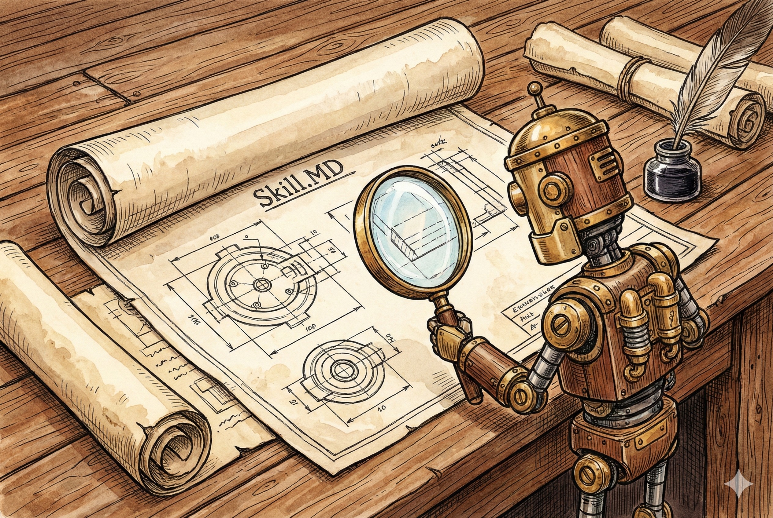 一卷精细的工程蓝图铺在木质桌面上,蓝图上标有Skill.MD字样,旁边是一个正在拿着放大镜仔细阅读的小型机器人,羊皮纸,钢笔彩色手绘的统一风格。