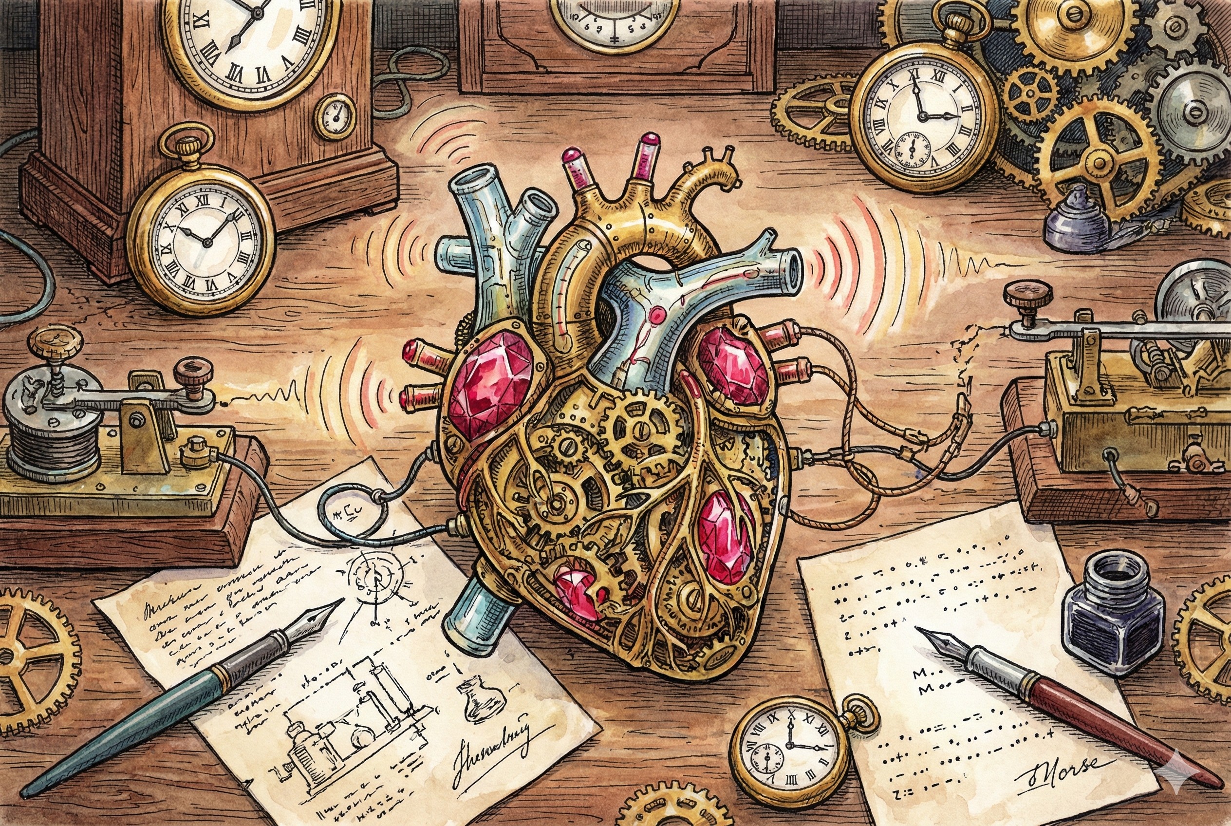 一个精致的机械心脏连接着复杂的电报线路,正在有节奏地发送信号波纹,周围有钟表在计时,羊皮纸,钢笔彩色手绘的统一风格。