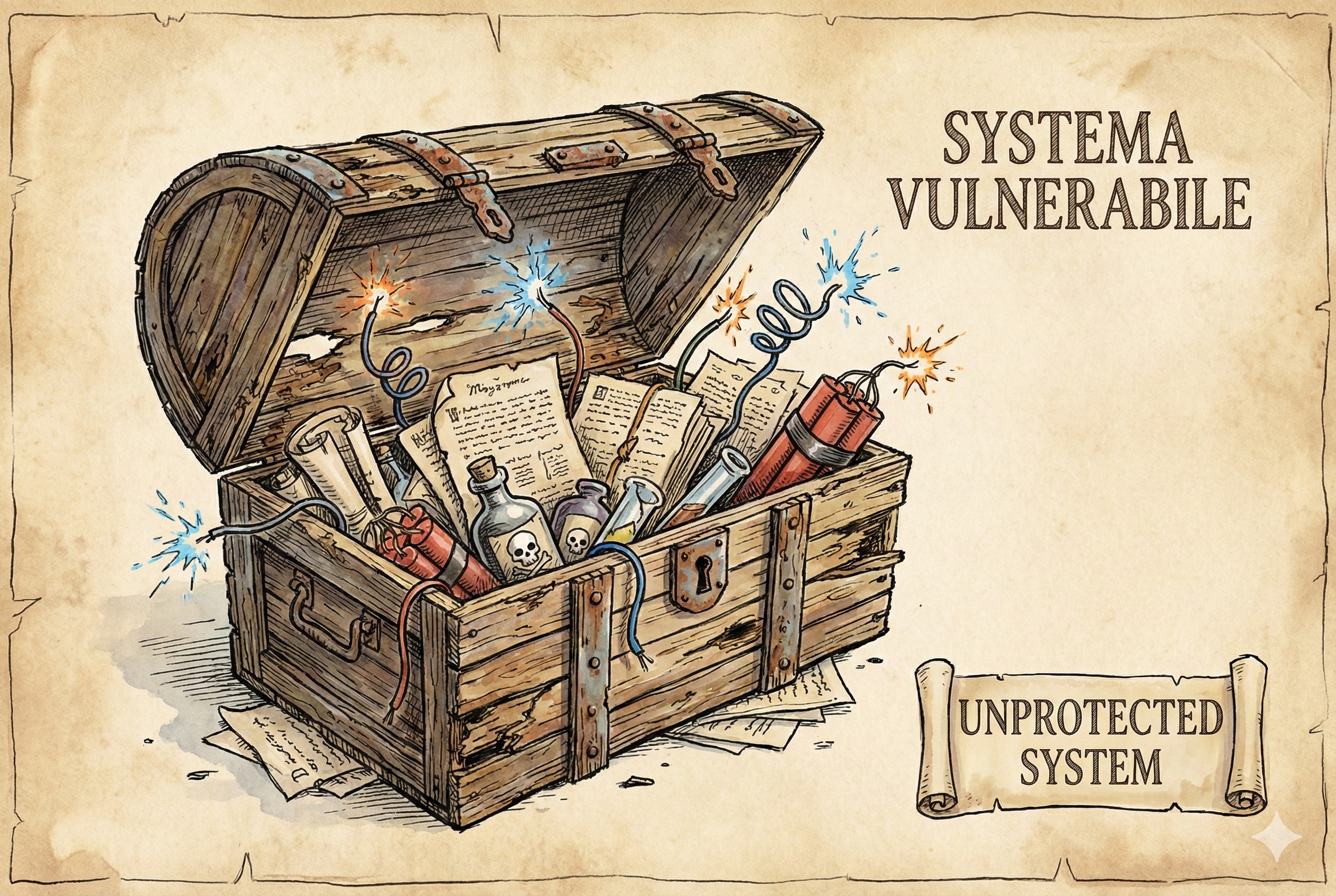 一个完全打开的、没有锁的破旧木箱,里面塞满了混乱的文件、冒着火花的电线和危险品,象征毫无设防的系统,羊皮纸,钢笔彩色手绘的统一风格。