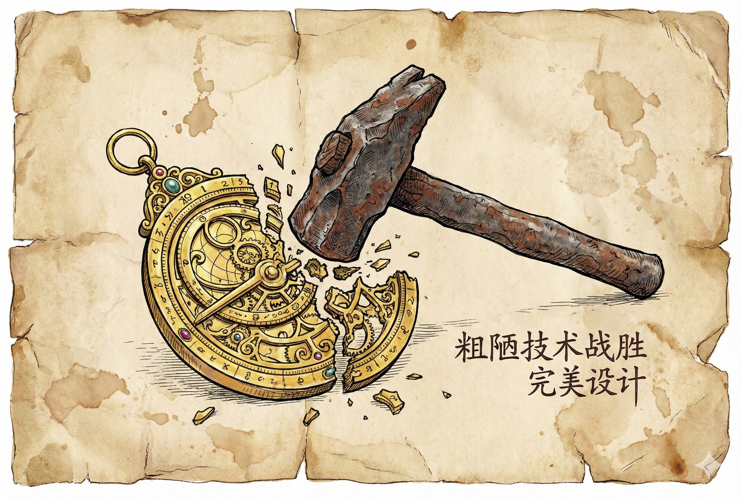 一把简单粗糙的铁锤有力地击碎了复杂、精致却脆弱的黄金仪器,象征粗陋技术战胜完美设计,羊皮纸,钢笔彩色手绘的统一风格。