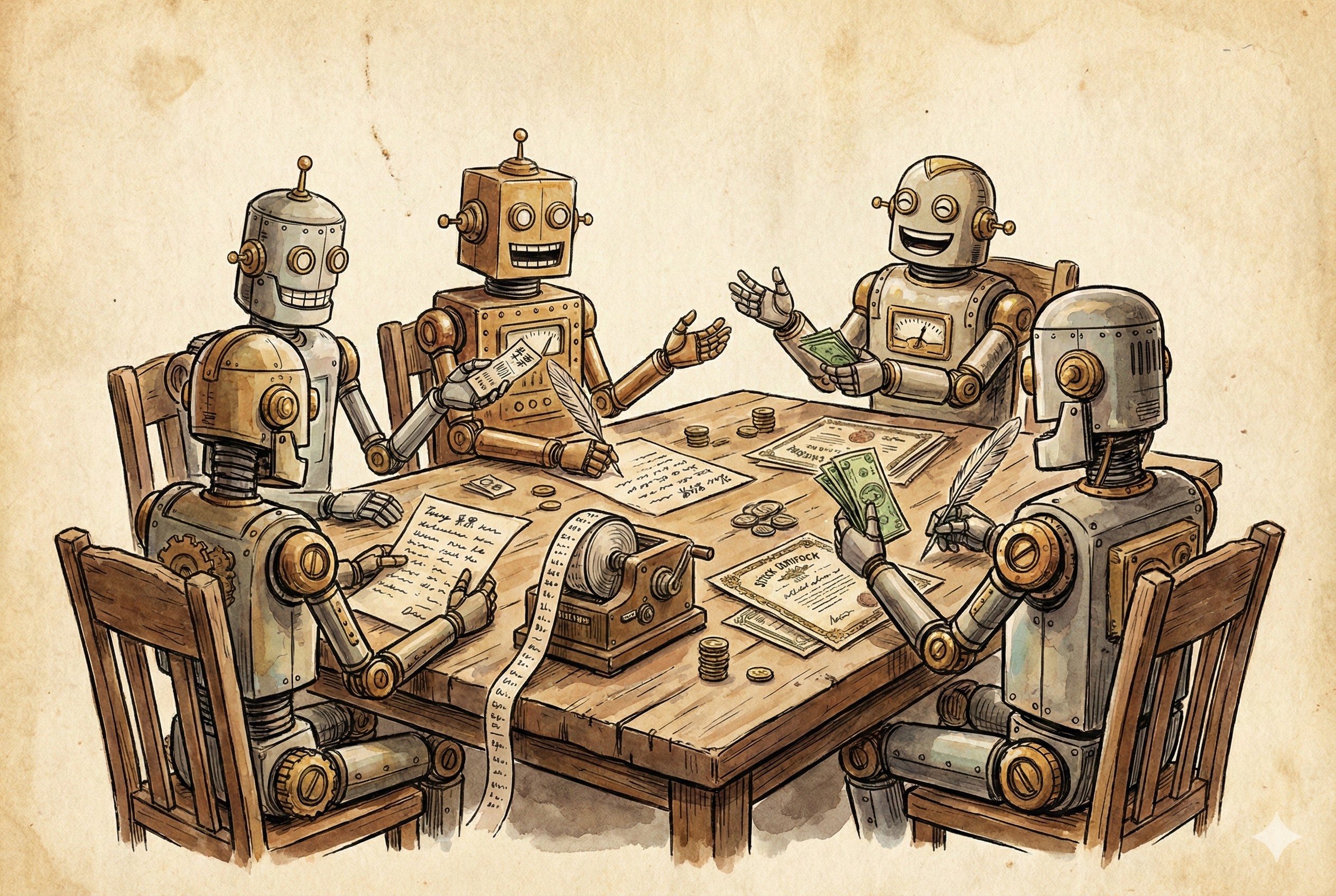 几个机器人围坐在一张桌子旁,桌上放着老式票据打印机和股票纸带,它们正在进行交易和买卖彩票,羊皮纸,钢笔彩色手绘的统一风格。