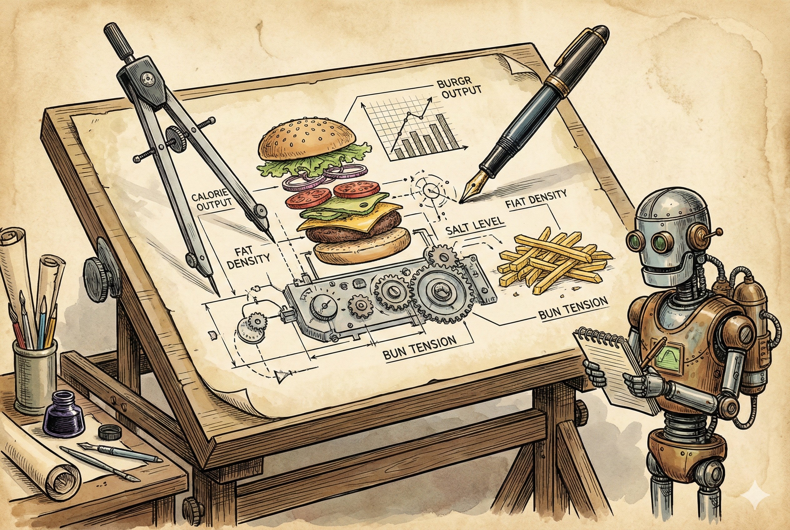 一张绘图桌上,圆规和钢笔正在绘制一张将汉堡和薯条解构为数据指标的机械结构图,机器人正在旁边记录,羊皮纸,钢笔彩色手绘的统一风格。