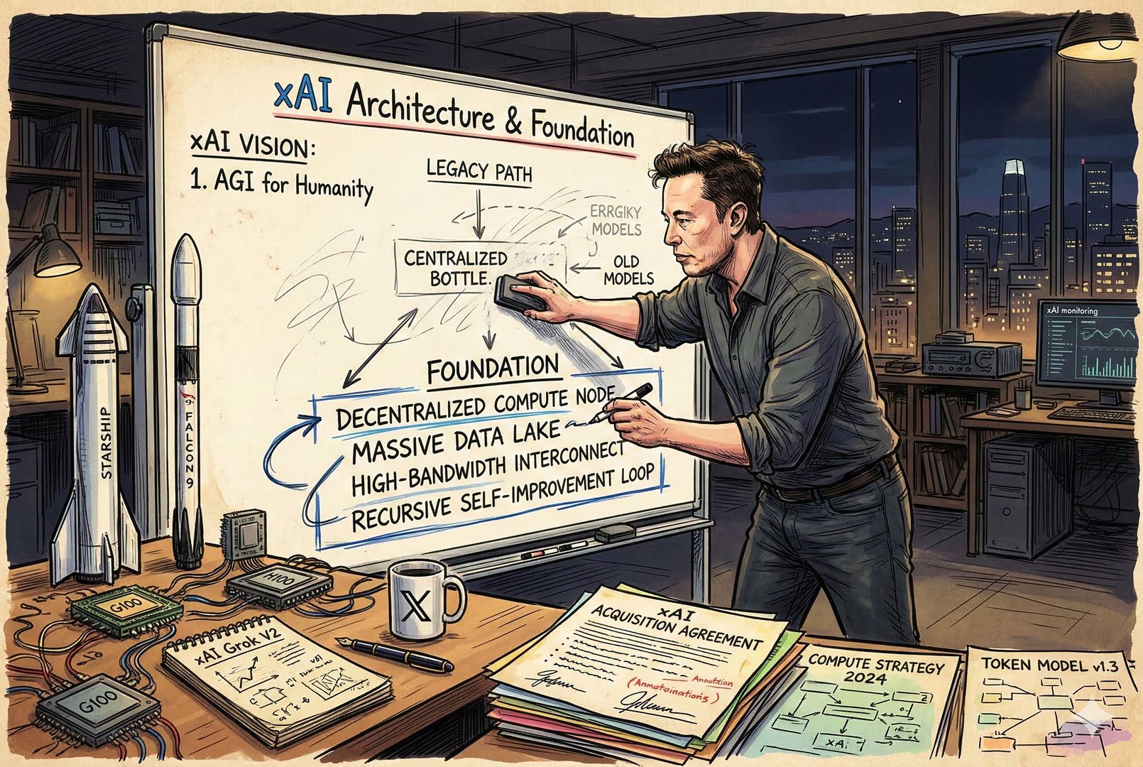 夜色中的办公室里，马斯克站在一块写着 xAI 架构草图的白板前，亲手擦掉原有设计并重新从地基画起，桌上散落火箭模型、芯片和并购文件，羊皮纸，钢笔彩色手绘的统一风格。