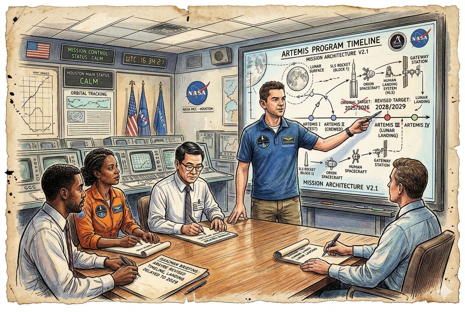 NASA 指挥中心内，Jared Isaacman 指着阿尔忒弥斯计划时间线，把原定登月节点整体后移，屏幕上是月球、火箭和任务架构图，几名工程师认真记录，场面冷静而克制，羊皮纸，钢笔彩色手绘的统一风格。
