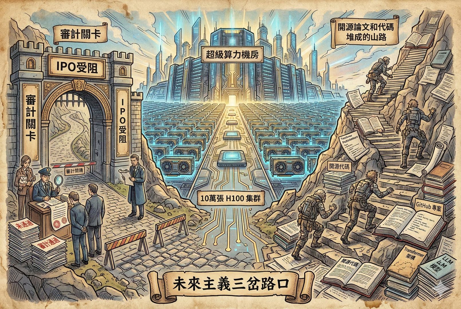 三岔路口的未来主义场景，左路是写着“IPO受阻”的审计关卡，中路是通往超级算力机房的 10 万张 H100 集群，右路则是追赶者沿着开源论文和代码堆成的山路艰难攀登，羊皮纸，钢笔彩色手绘的统一风格。