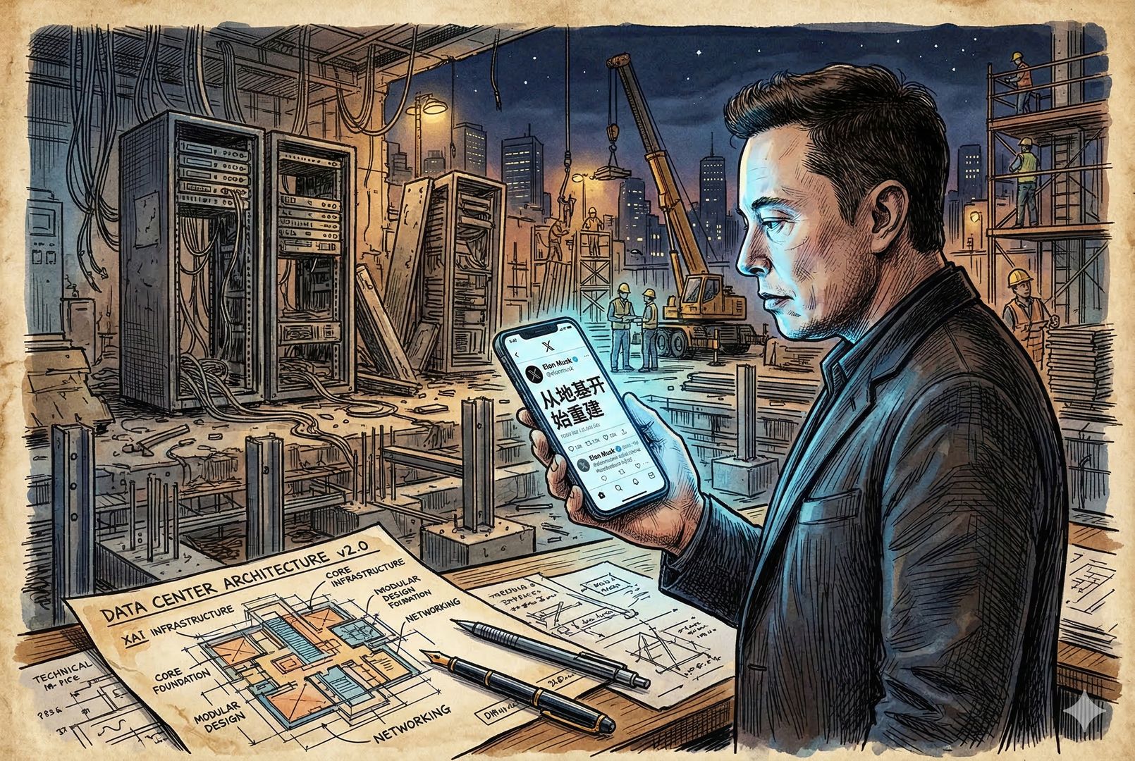 手机屏幕上显示 X 平台的帖子“从地基开始重建”，屏幕冷光照在马斯克沉思的侧脸上，背景是半拆除状态的数据中心机架与蓝图，羊皮纸，钢笔彩色手绘的统一风格。