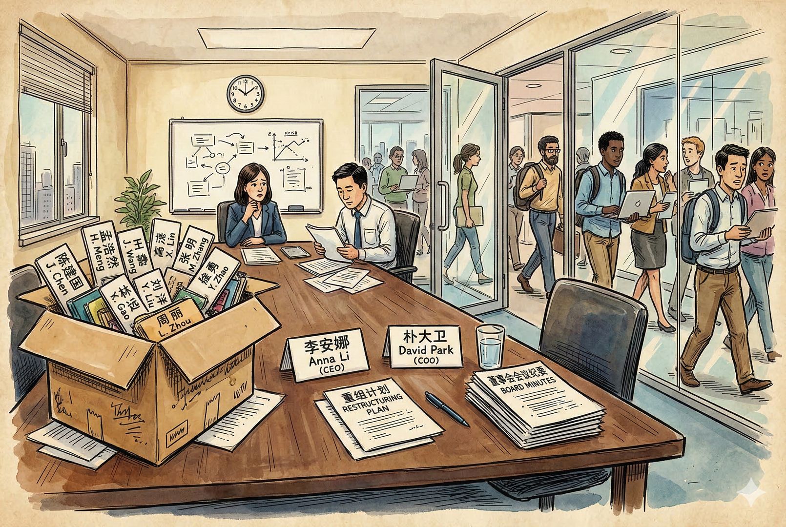 一间会议室里，桌面摆着十二枚写有联合创始人名字的名牌，只剩两枚仍留在桌上，其余被收进纸箱，门外不同背景的工程师进出交替，气氛像公司重组日，羊皮纸，钢笔彩色手绘的统一风格。