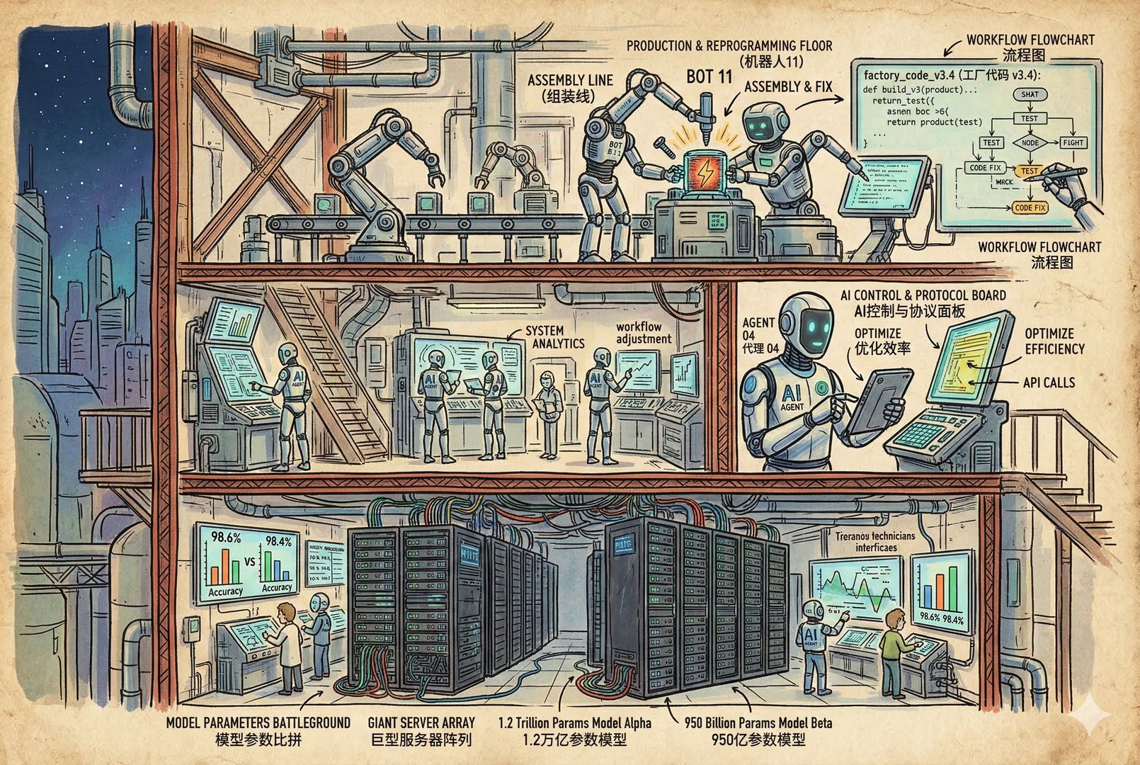 一座三层剖面的未来工厂，第一层是比拼模型参数的巨型服务器，第二层是拿着工具调用面板的 AI agent，第三层则是机器人一边拧螺丝一边修改工厂代码和流程图，层次分明，羊皮纸，钢笔彩色手绘的统一风格。