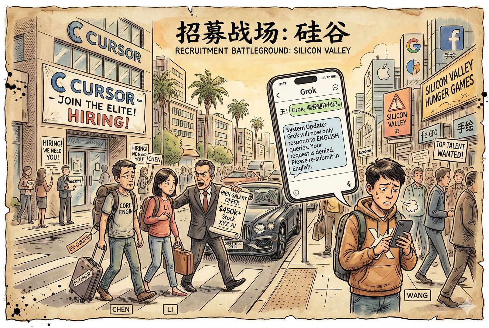 招聘战场般的硅谷街景，一边是贴着 Cursor 标志的办公楼，两位核心工程师拖着行李箱被高薪挖走；另一边手机里的 Grok 对话框突然跳成英文，用户露出无奈表情，羊皮纸，钢笔彩色手绘的统一风格。