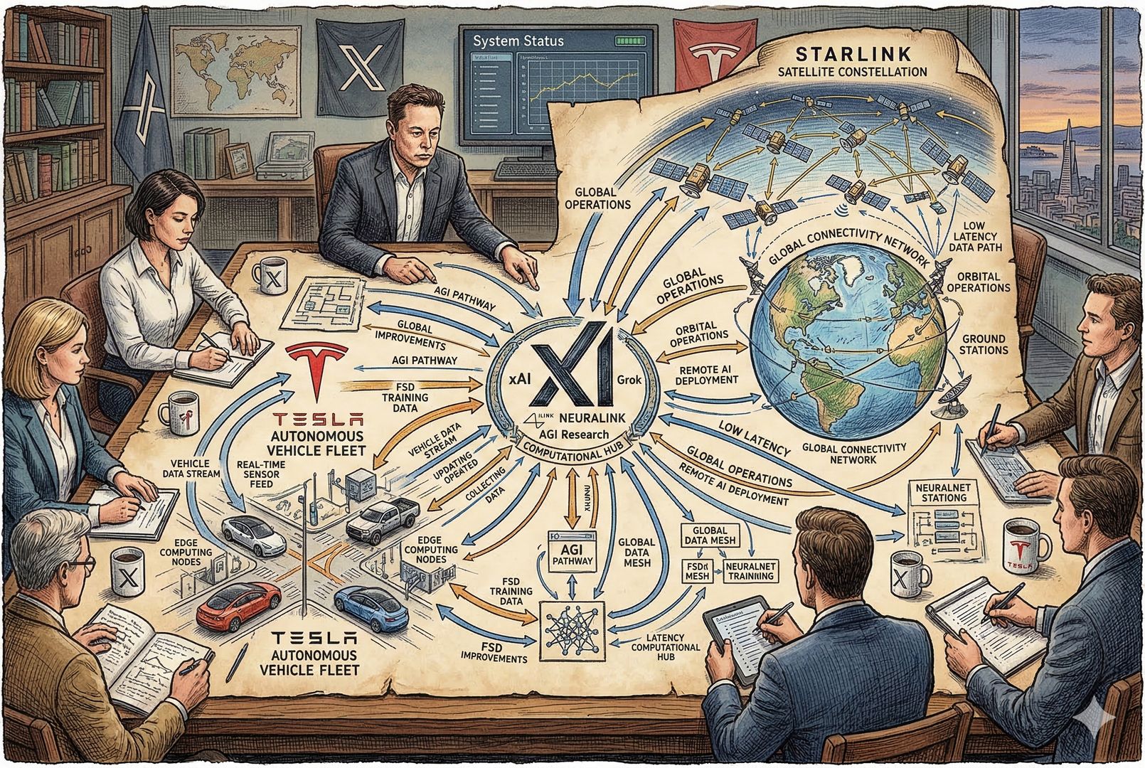 一张复杂的系统整合图铺满桌面，中央是 xAI，左侧连向特斯拉自动驾驶车辆车队，右上连向近地轨道的星链卫星，几位来自硅谷大厂背景的高管围桌讨论，羊皮纸，钢笔彩色手绘的统一风格。