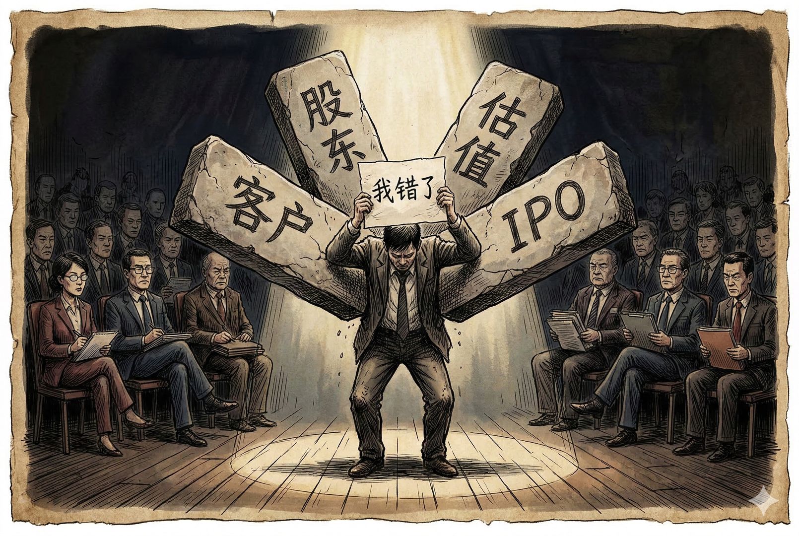 一个人站在聚光灯下，背后四面同时压来“客户”“股东”“估值”“IPO”四块沉重石碑，他仍举起写着“我错了”的纸张，舞台周围坐满审视的投资人和律师，羊皮纸，钢笔彩色手绘的统一风格。