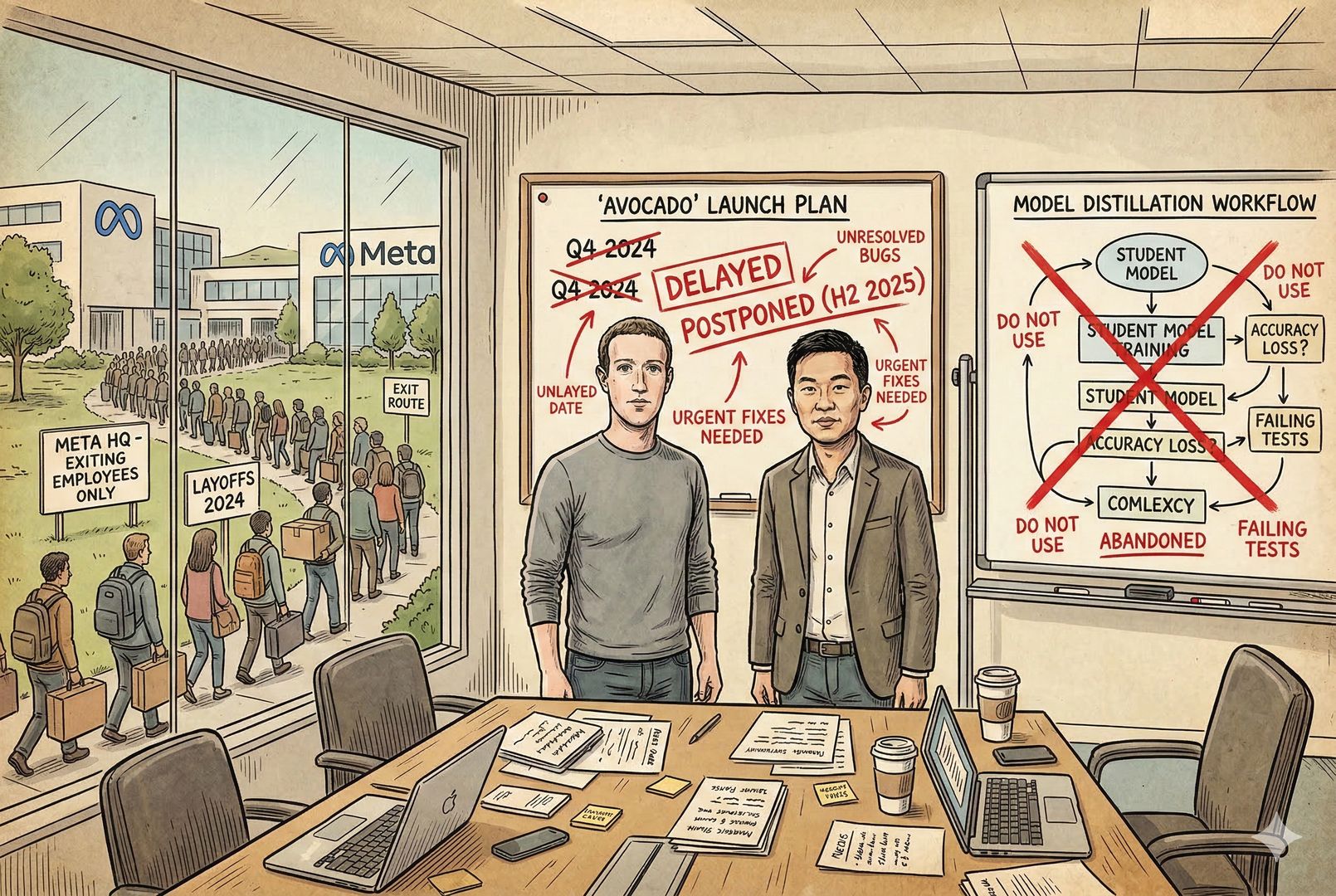 Meta 高层会议室里，墙上写着 avocado 发布计划被红笔延期，蒸馏流程图上打满叉号，扎克伯格与 Alexander Wang 勉强站在镜头前合影，窗外则是大规模裁员的人群离开园区，羊皮纸，钢笔彩色手绘的统一风格。