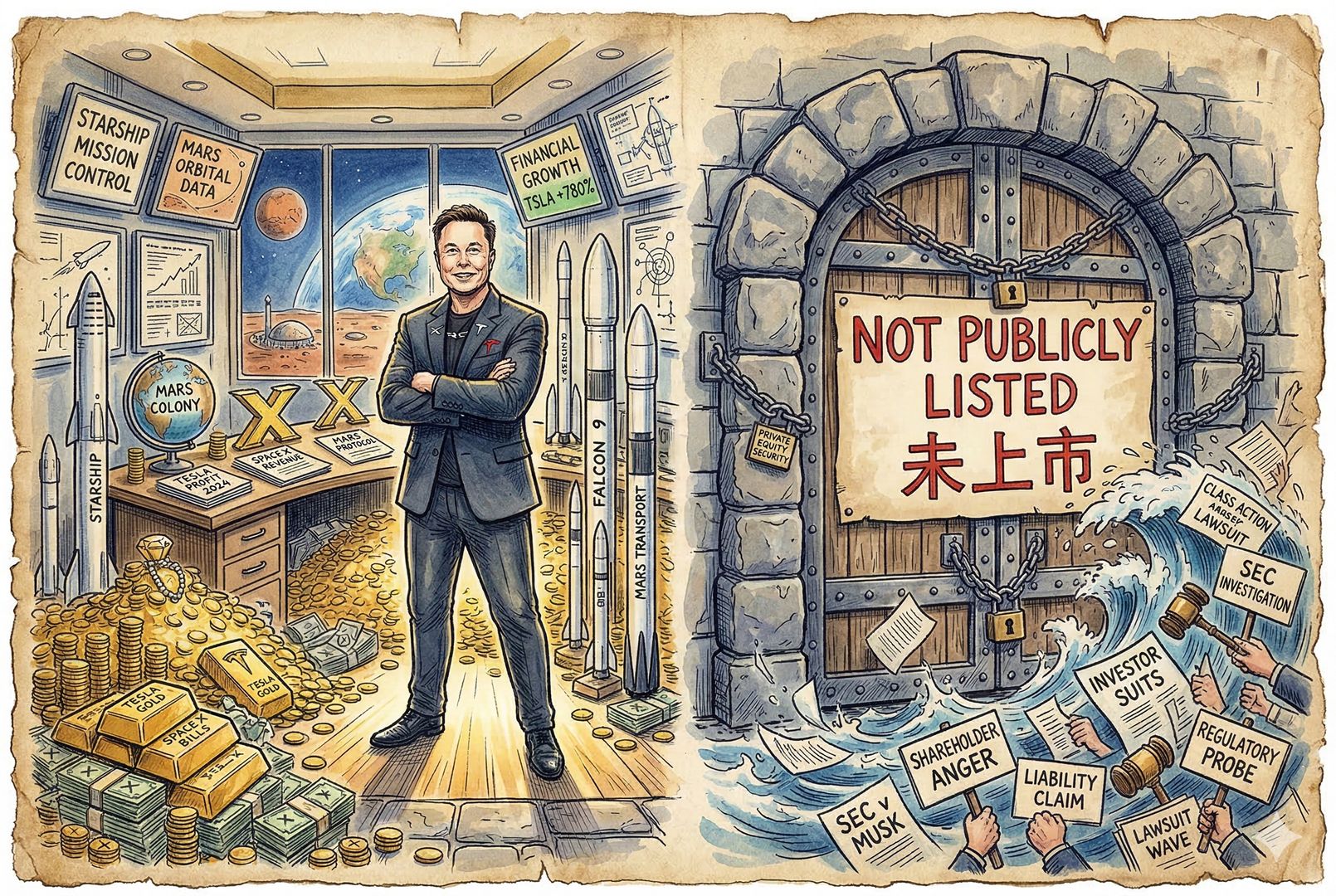  一张对比构图，左边是堆满财富象征与火箭模型的私人控制室，右边是写着“未上市”的厚重大门挡住了诉讼浪潮，马斯克站在中央显得底气十足，羊皮纸，钢笔彩色手绘的统一风格。