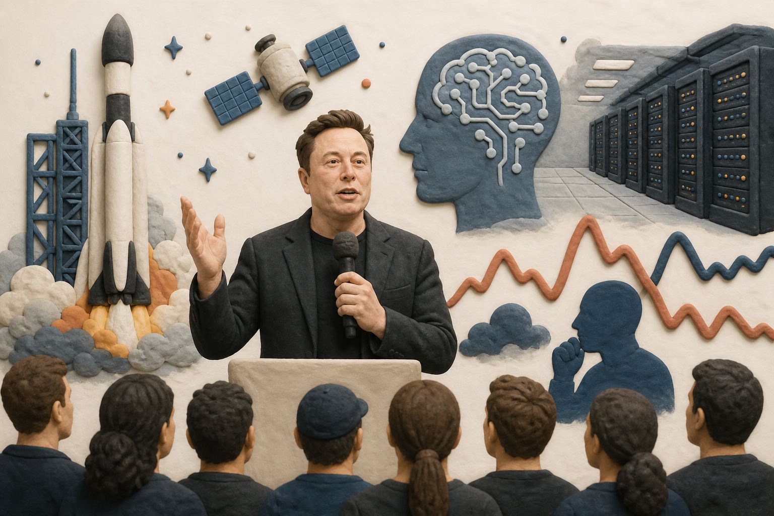 马斯克在SpaceX员工大会中央讲话,背景融合火箭、卫星、人工智能算力机房与资本市场曲线,画面突出内部讲话公开后的商业悬念,浅色背景的商业评论版橡皮泥平面信息图的统一风格。