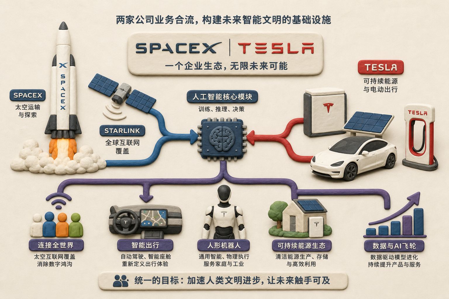 SpaceX火箭、Starlink卫星、特斯拉汽车、机器人和人工智能核心模块汇入同一企业生态,表现两家公司业务合流,浅色背景的商业评论版橡皮泥平面信息图的统一风格。