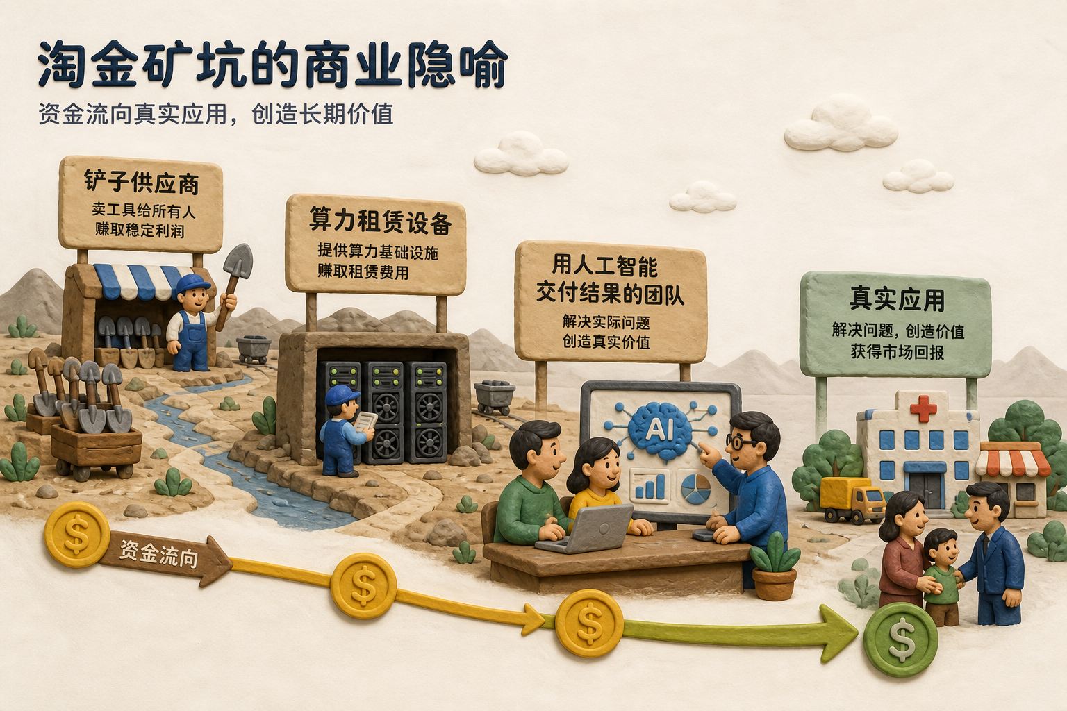 淘金矿坑的商业隐喻,铲子供应商、算力租赁设备和真正用人工智能交付结果的团队由远及近排列,资金流向真实应用,浅色背景的商业评论版橡皮泥平面信息图的统一风格。