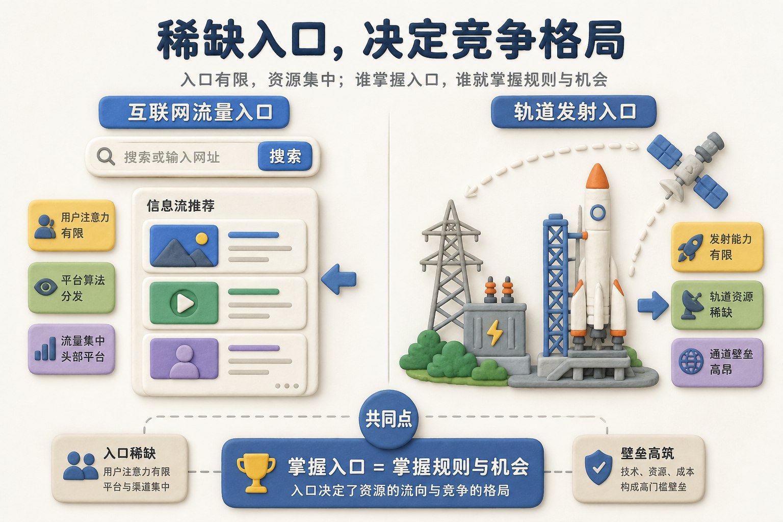 互联网流量入口与轨道发射入口并列构图,一侧是搜索框和信息流,另一侧是电力设施、发射塔与卫星通道,表现稀缺入口决定竞争格局,浅色背景的商业评论版橡皮泥平面信息图的统一风格。