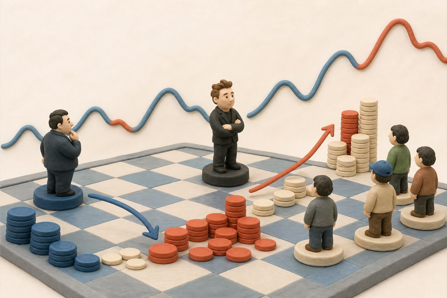 资本市场棋盘上机构、马斯克与散户分处不同位置,股票筹码先被压低收集再被抬高传递,表现融资窗口和交易节奏,浅色背景的商业评论版橡皮泥平面信息图的统一风格。