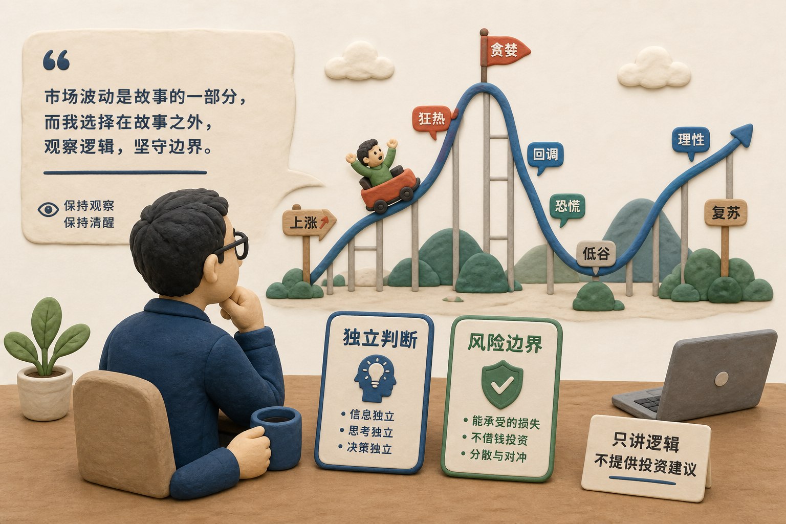 讲述者坐在市场波动曲线之外观察故事,桌面放着写有独立判断与风险边界的卡片,表现只讲逻辑不提供投资建议,浅色背景的商业评论版橡皮泥平面信息图的统一风格。
