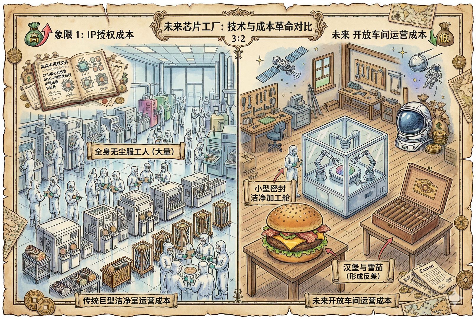 未来芯片工厂的对比场景，左侧是传统超大洁净室里全身无尘服的工人，右侧是开放式车间中仅有一个小型密封洁净加工舱，外部桌上放着汉堡与雪茄盒，形成强烈反差，羊皮纸，钢笔彩色手绘的统一风格。