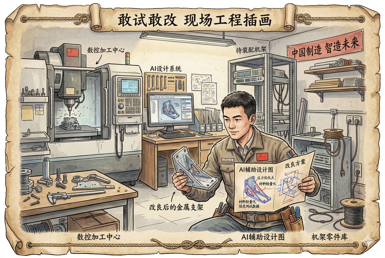 中国工程师在小型工厂车间里拿着改良后的金属支架与AI辅助设计图，身后是数控设备、电脑屏幕和待装配的机架，呈现敢试敢改的工程现场，羊皮纸，钢笔彩色手绘的统一风格。