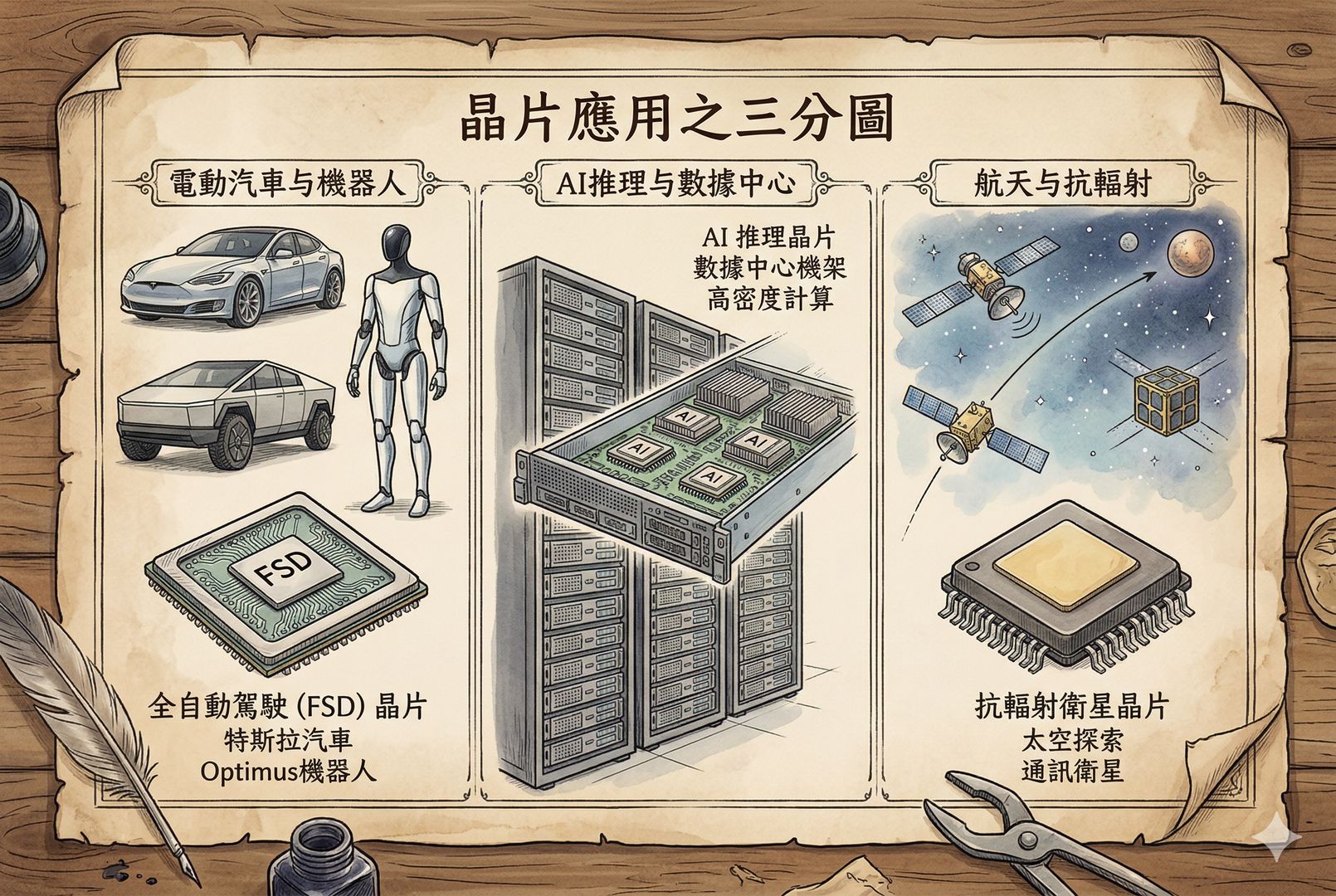 三分式芯片主题插画，左侧是特斯拉汽车与 Optimus 机器人，中间是数据中心机架里的 AI 推理芯片，右侧是飞向太空的抗辐射卫星芯片，三类芯片摆在同一张工作台上，羊皮纸，钢笔彩色手绘的统一风格。