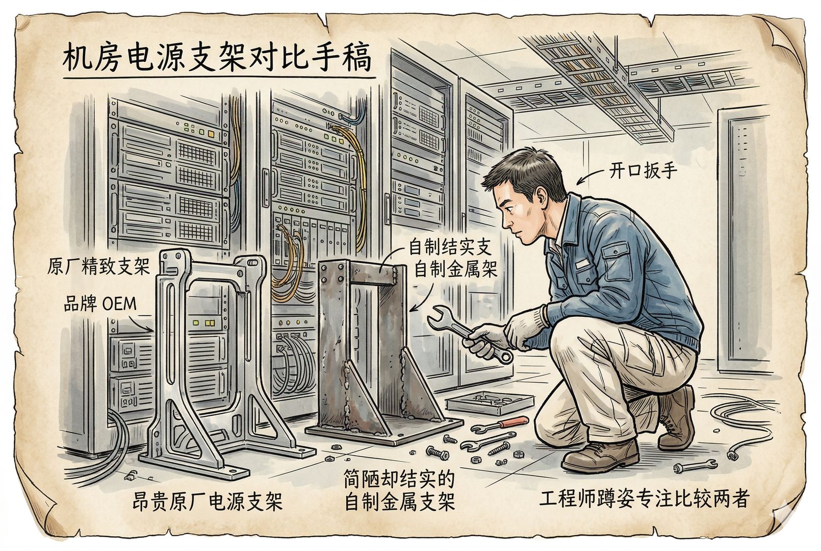 机房里一只昂贵原厂电源支架与一只简陋却结实的自制金属支架并排摆在服务器机架前，工程师蹲在地上拿着扳手比较两者，羊皮纸，钢笔彩色手绘的统一风格。