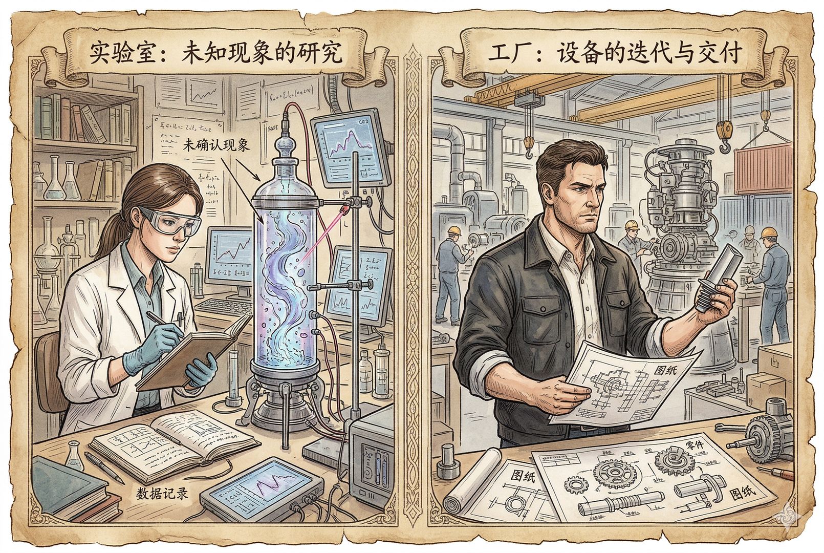 分屏式场景，左边是实验室里研究未知现象的科学家，右边是工厂里拿着图纸和零件迭代设备的工程师，右侧人物神态更像马斯克式的工程管理者，羊皮纸，钢笔彩色手绘的统一风格。