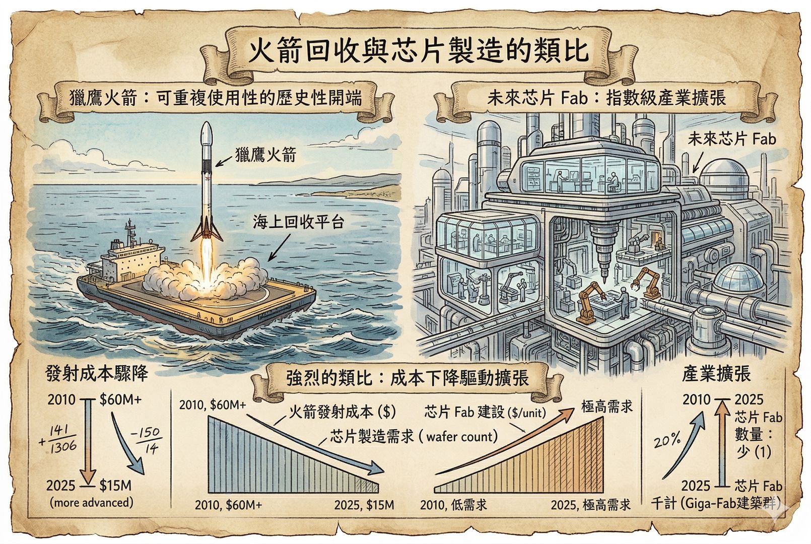 一枚猎鹰火箭从海上回收平台升起的历史场景与一座未来芯片工厂并置，前景用数据标尺表现发射成本骤降和产业扩张，形成强烈类比，羊皮纸，钢笔彩色手绘的统一风格。