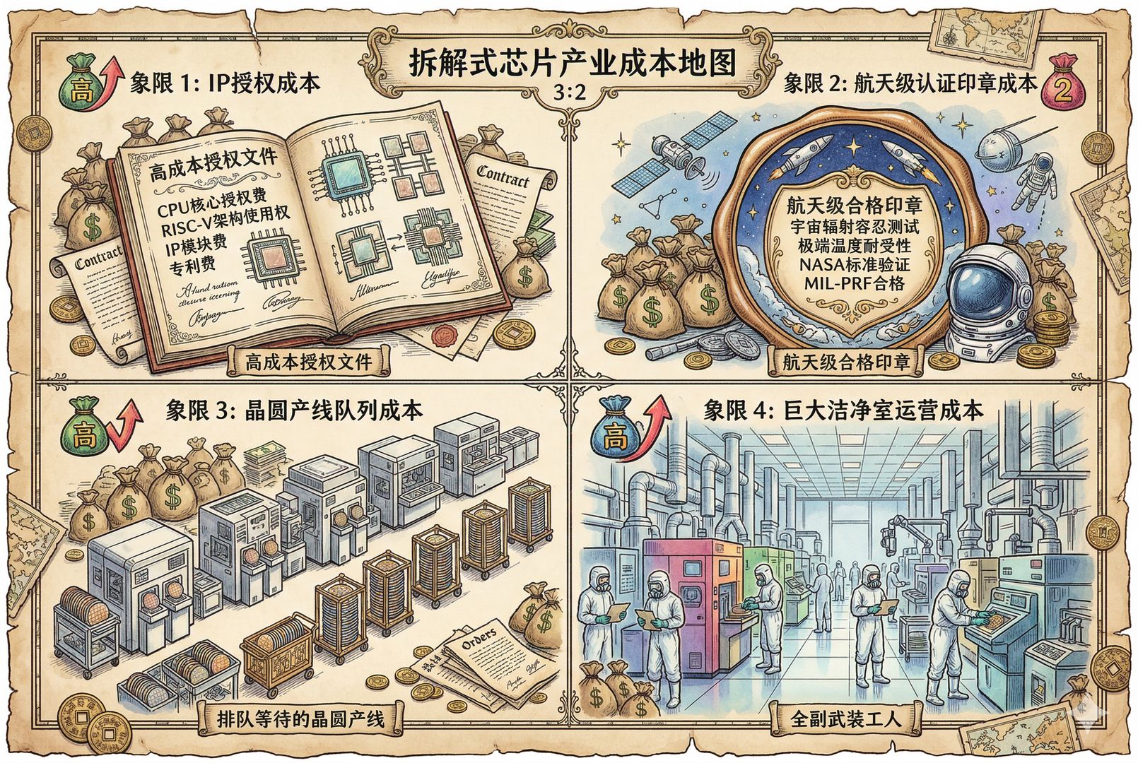 一张拆解式芯片产业地图，被分成四块：IP授权文件、航天级认证印章、排队等待的晶圆产线、巨大洁净室里的全副武装工人，四块上方各自标出高成本符号，羊皮纸，钢笔彩色手绘的统一风格。