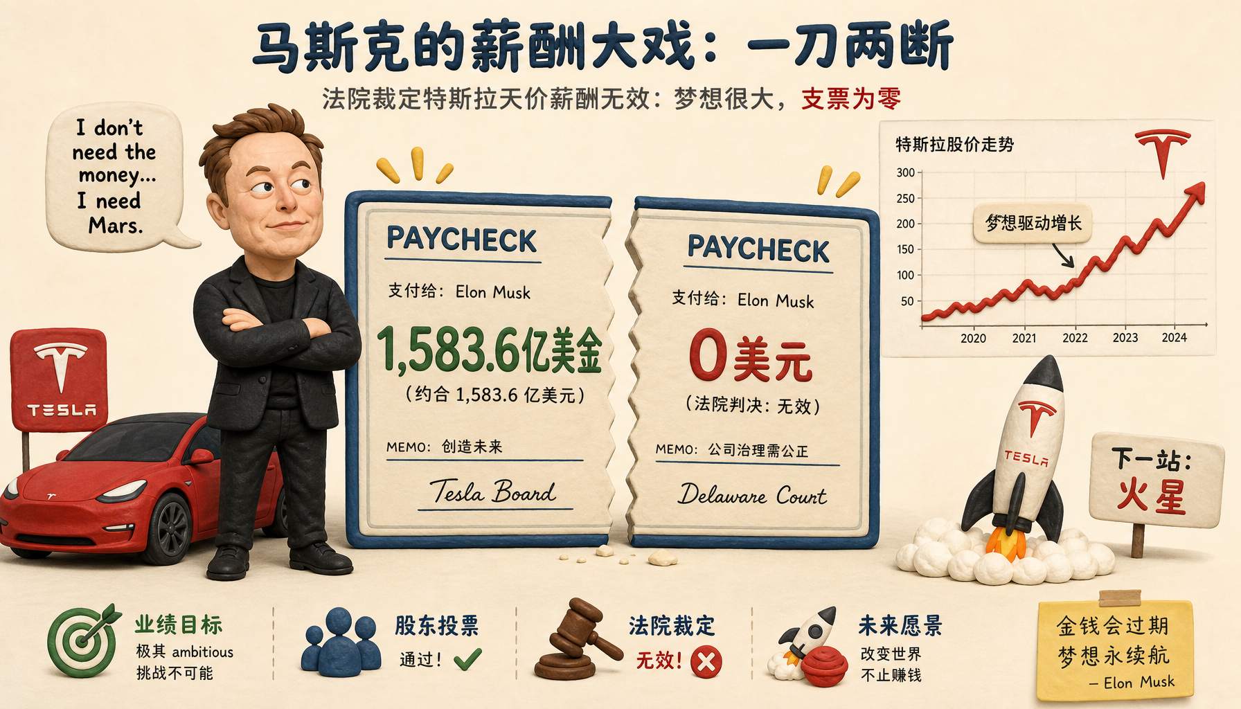 马斯克站在一张被左右切开的巨大工资条前，一边写着1,583.6亿美金一边写着0美元，旁边有特斯拉汽车、火箭和股价曲线作为背景元素，浅色背景的商业评论版橡皮泥平面信息图的统一风格。