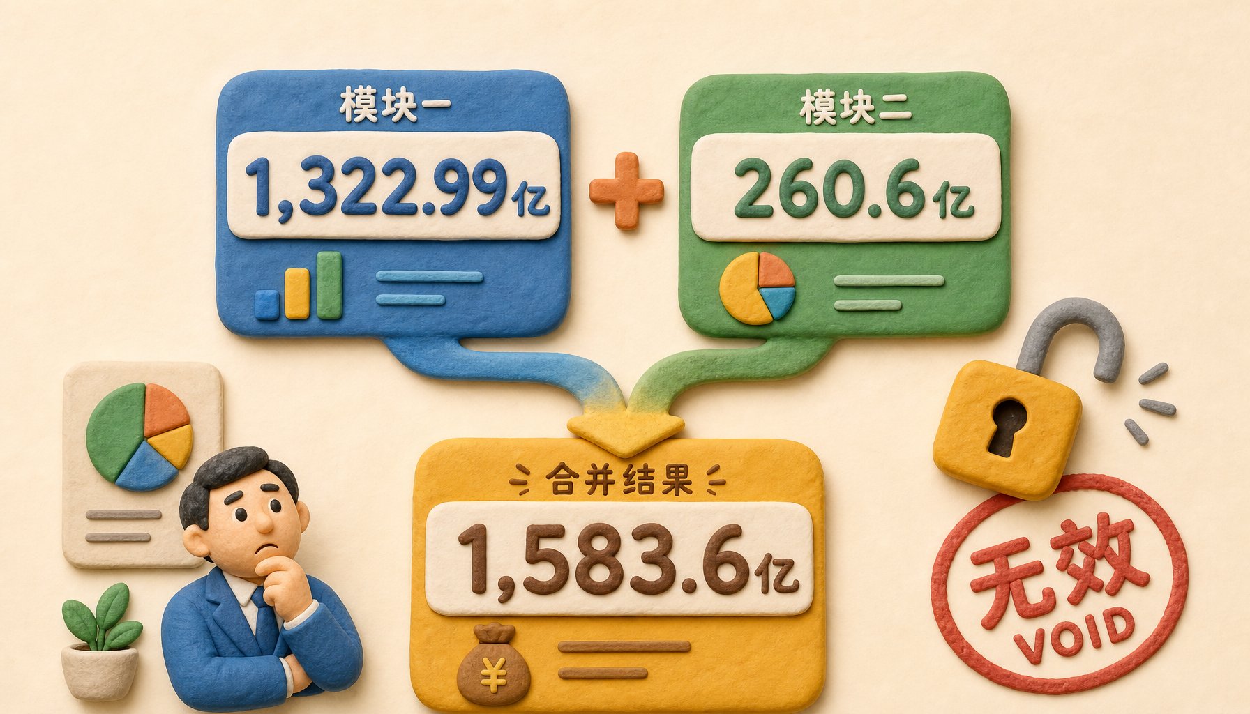 两个彩色数字积木模块分别标注1,322.99亿和260.6亿，被加号连接后汇成1,583.6亿，旁边有未解锁的锁头和作废印章，浅色背景的商业评论版橡皮泥平面信息图的统一风格。