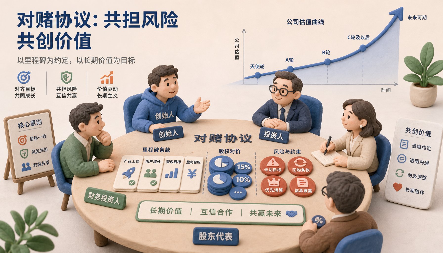投资人、创始人和股东围着一张对赌合约圆桌，桌面上不是现金而是里程碑、股权和风险筹码，远处公司市值曲线向上延伸，浅色背景的商业评论版橡皮泥平面信息图的统一风格。