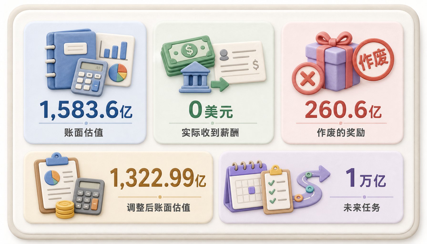 一块总结看板列出1,583.6亿、0美元、260.6亿、1,322.99亿和1万亿等关键数字，每个数字旁有对应的小图标：会计估值、到账工资、作废奖励和未来任务，浅色背景的商业评论版橡皮泥平面信息图的统一风格。