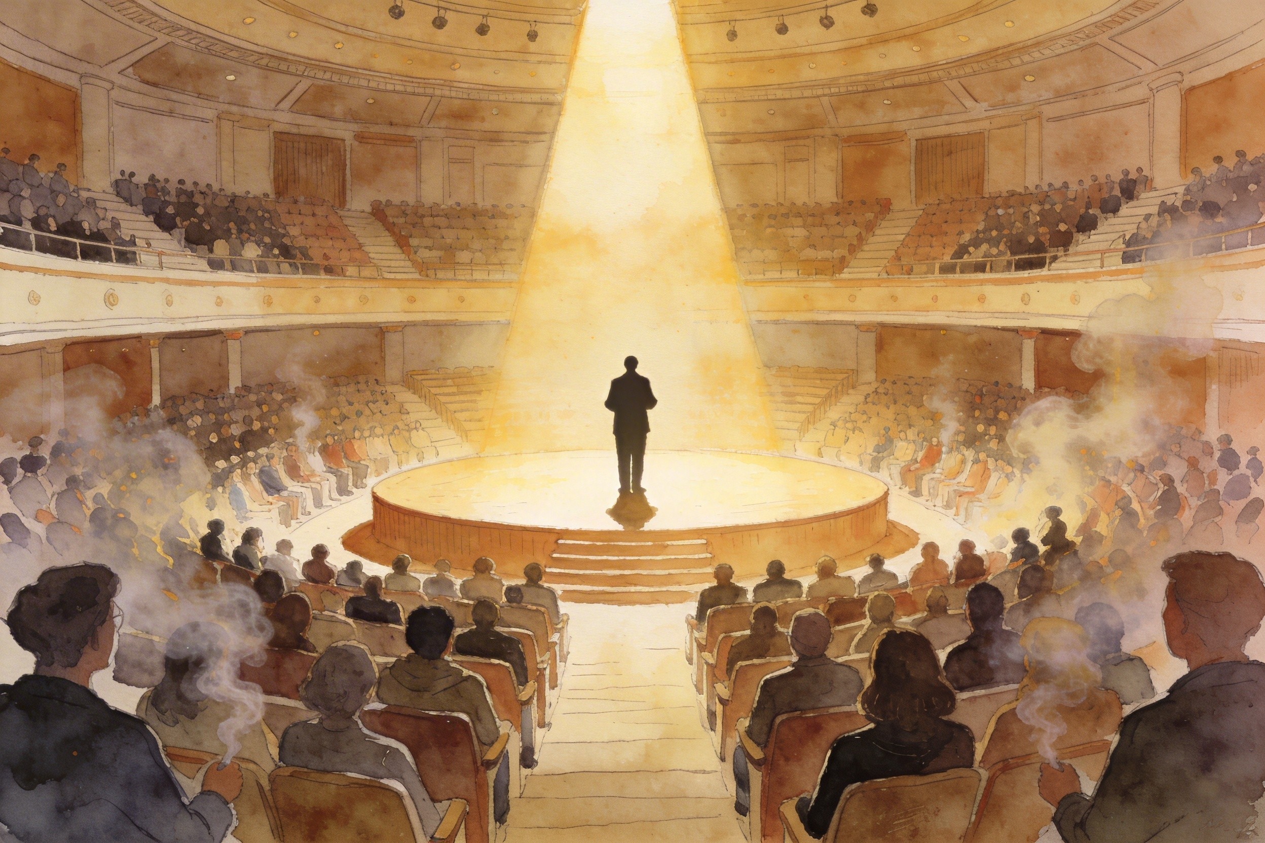 一个巨大的会议厅内部视角，聚光灯打在舞台上演讲的人影上，台下坐着许多听众，边缘的一些听众正在像烟雾一样消散，羊皮纸，钢笔彩色手绘的统一风格。