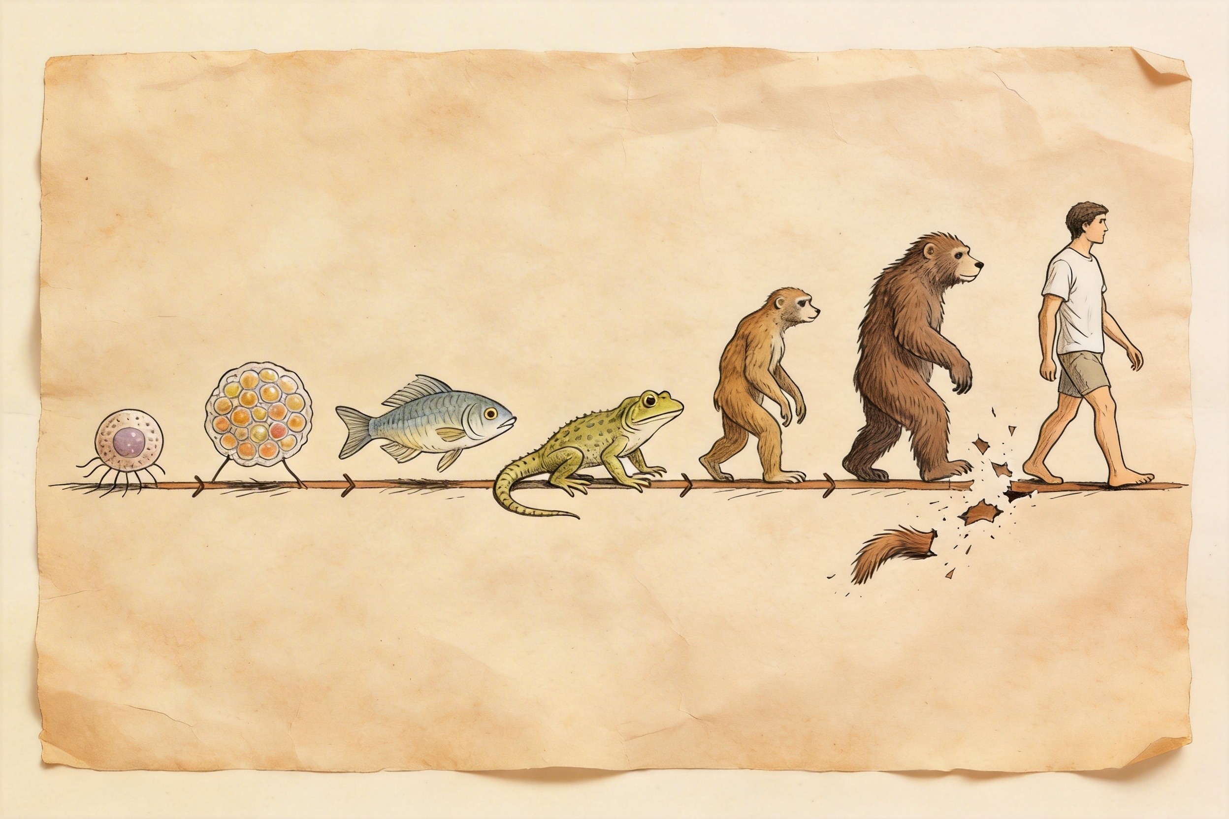 一张生物进化图谱，展示从单细胞到人类的过程，其中尾巴的部分正在断裂并被抛弃在身后，羊皮纸，钢笔彩色手绘的统一风格。