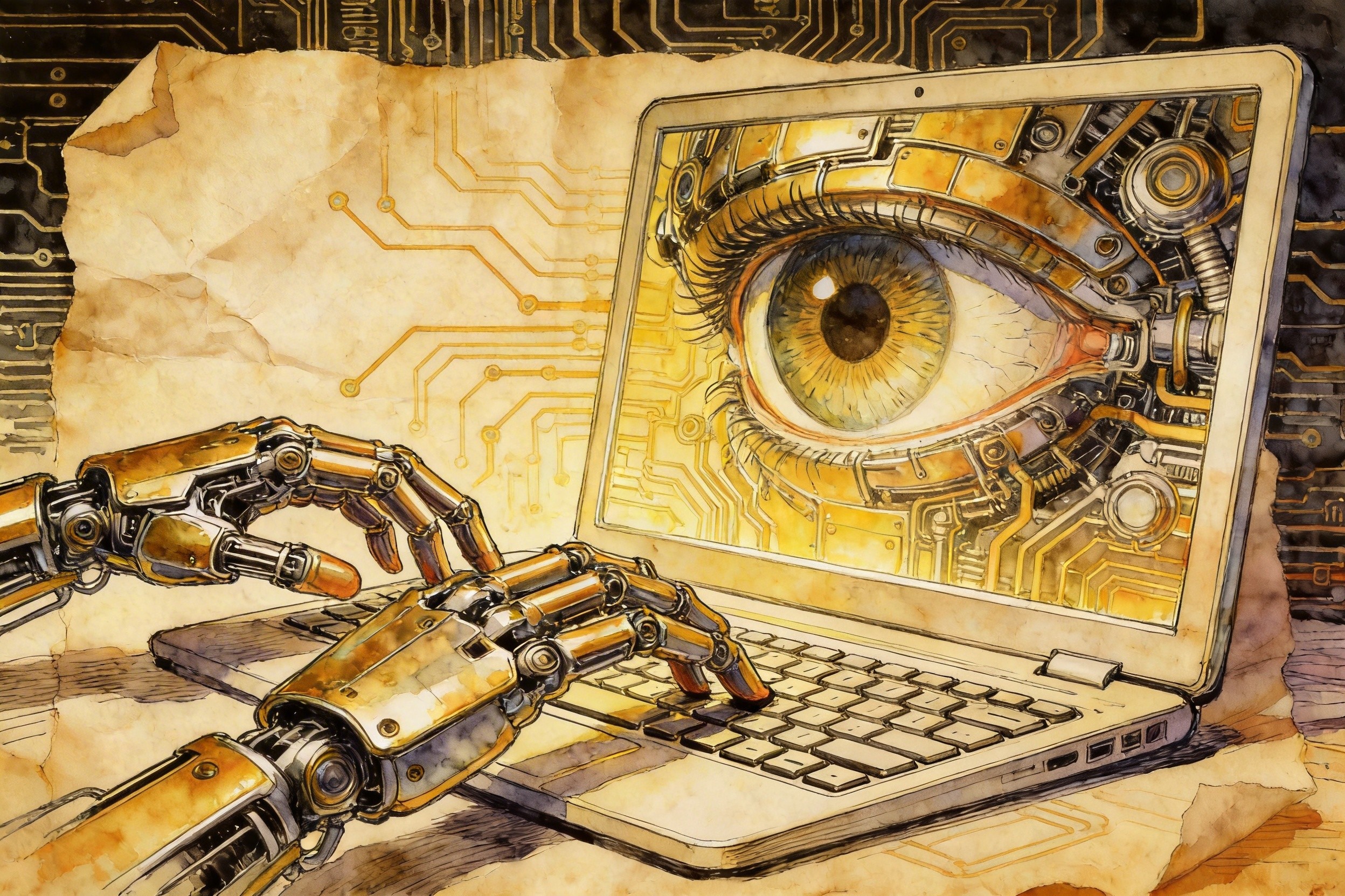 一只巨大的机械眼睛正专注地盯着电脑屏幕，几根机械手指悬停在键盘上方准备敲击，背景是复杂的电路纹理，羊皮纸，钢笔彩色手绘的统一风格。