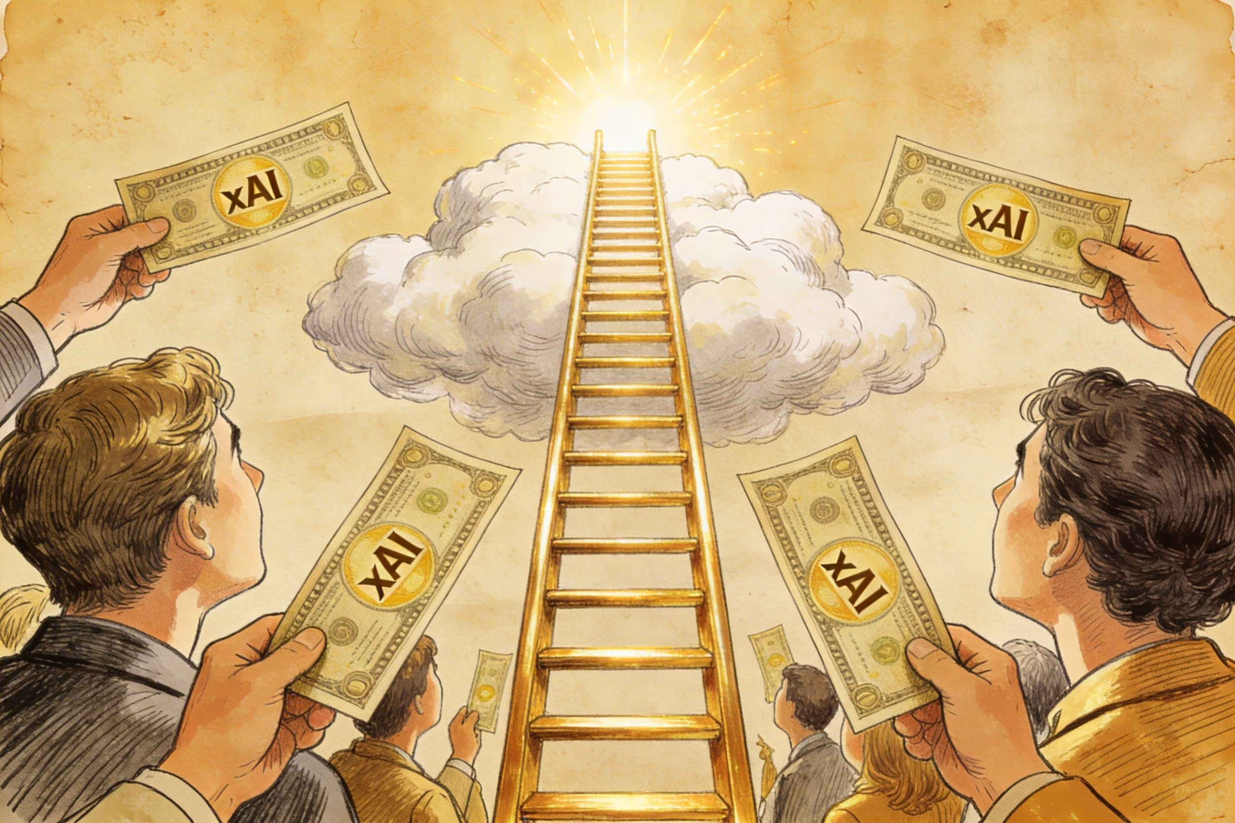 一群人手中紧握着印有xAI标志的股票凭证，仰望着通向云端的金色梯子，梯子尽头有光芒闪耀，羊皮纸，钢笔彩色手绘的统一风格。