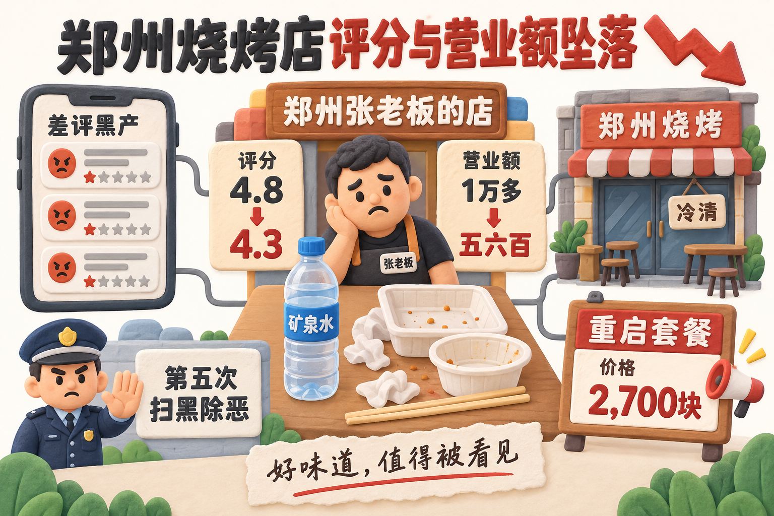 郑州烧烤店评分与营业额坠落的封面信息图，中央是一瓶矿泉水和空餐盒，左右连接手机差评界面、冷清店门与“重启套餐”报价牌；可见事实元素：郑州张老板、矿泉水、差评黑产、第五次扫黑除恶