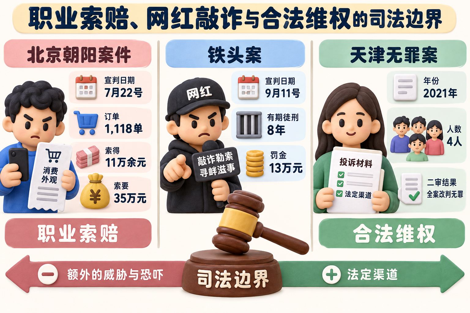 职业索赔、网红敲诈与合法维权的司法边界信息图，三栏分别呈现北京朝阳案件、“铁头案”和天津无罪案，以购物订单、法槌、投诉材料和分界线组织画面；可见事实元素：消费外观、敲诈勒索、寻衅滋事、法定渠道、额外的威胁与恐吓