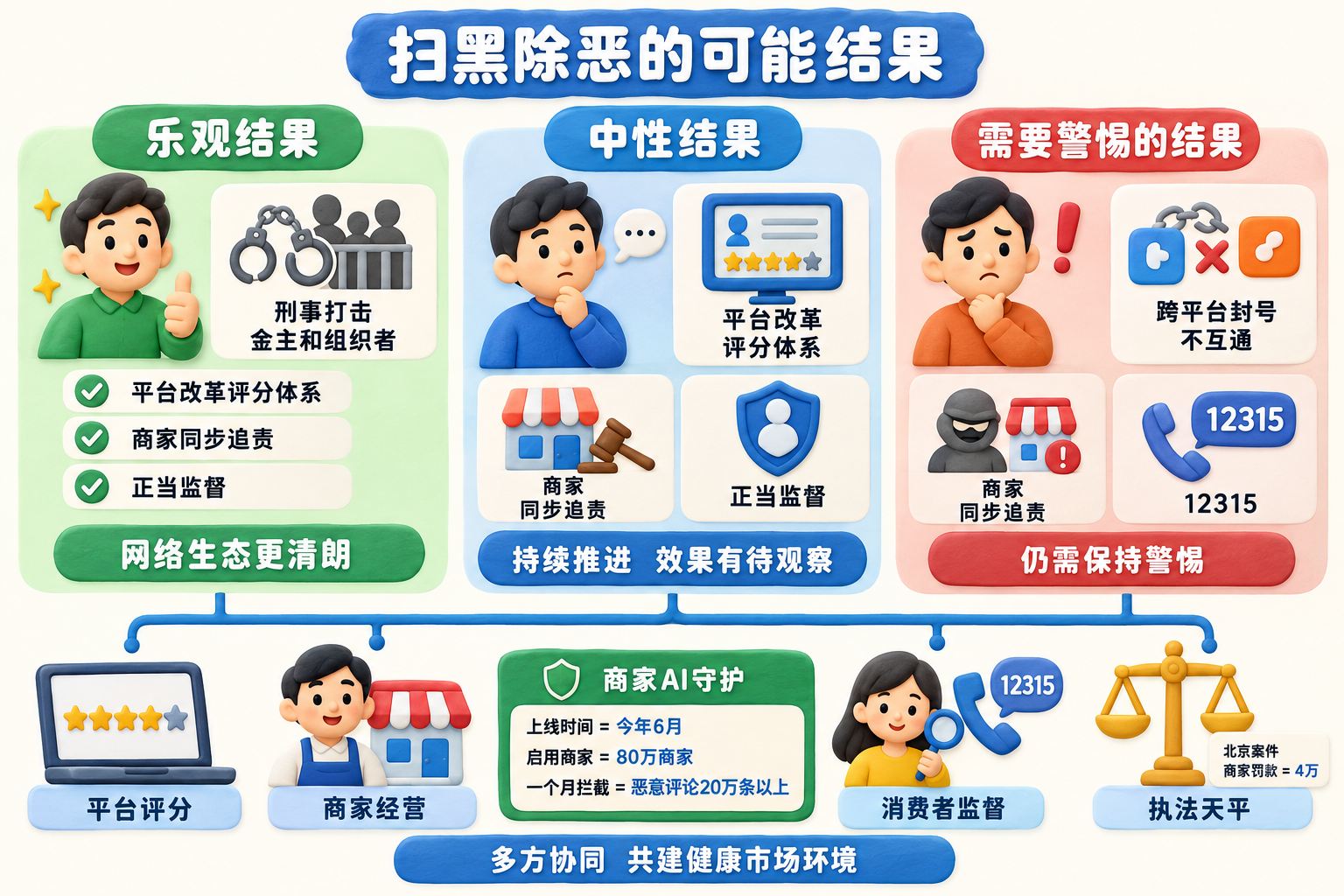 三条并列路径展示扫黑除恶可能出现的乐观、中性和需要警惕的结果，底部连接平台评分、商家经营、消费者监督和执法天平；可见事实元素：刑事打击金主和组织者、平台改革评分体系、商家同步追责、12315、跨平台封号不互通、正当监督