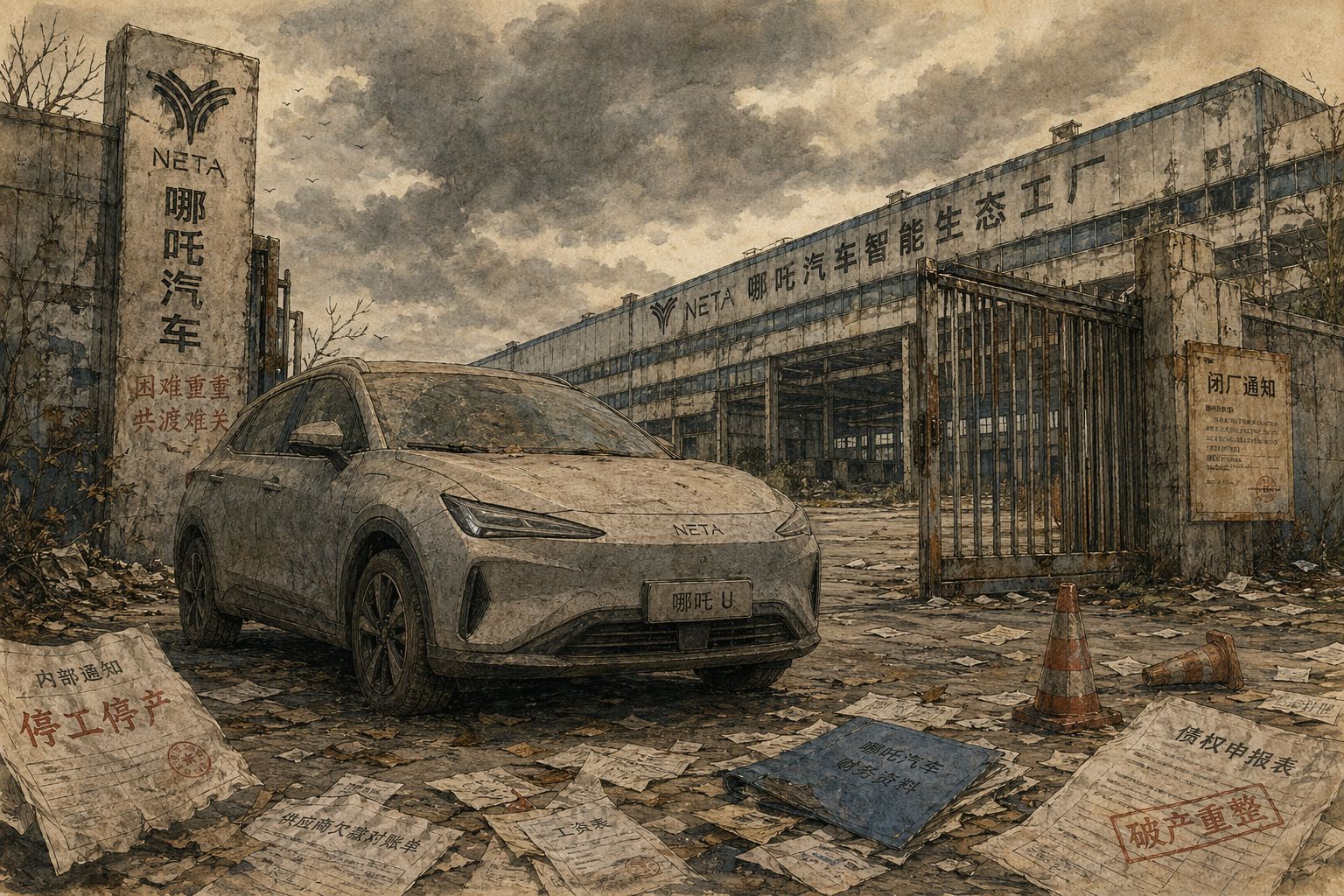 一辆停在空旷厂房前的新能源车，车身蒙着灰，远处高大的厂房大门半掩，地面散落文件与警示锥，天空阴沉，呈现产业寒冬降临的压迫感，羊皮纸，钢笔彩色手绘的统一风格。