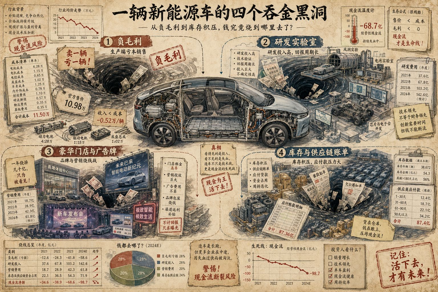 一张剖面式场景图把一辆新能源汽车拆解成四个吞金黑洞：负毛利、研发实验室、豪华门店与广告牌、堆积如山的库存和供应链账单，信息密集但层次清楚，羊皮纸，钢笔彩色手绘的统一风格。
